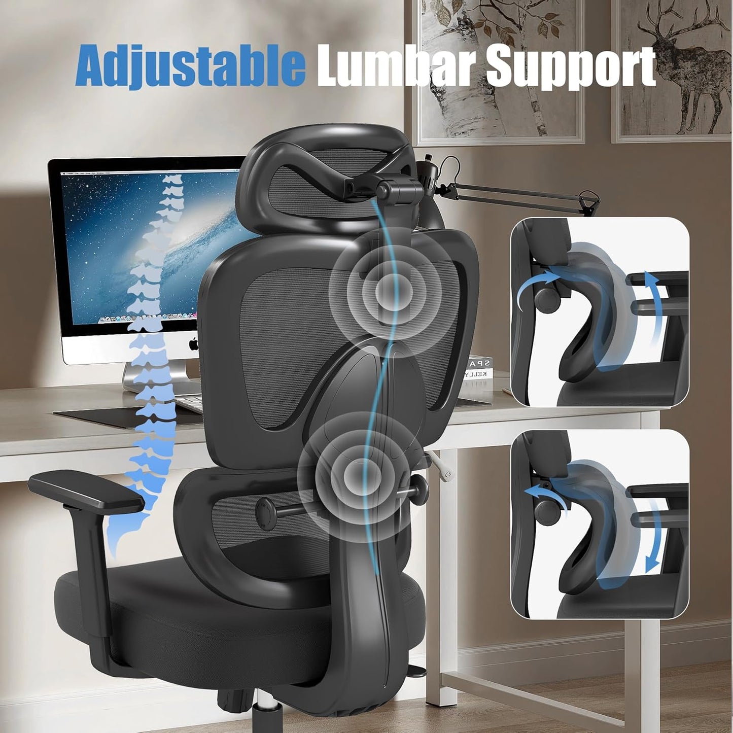 Ergonomic Office Chair with Adjustable Lumbar Support, 3D Arms and Headrest, High Back Wide Desk Computer Chair with Wheels, for Home & Office, Black