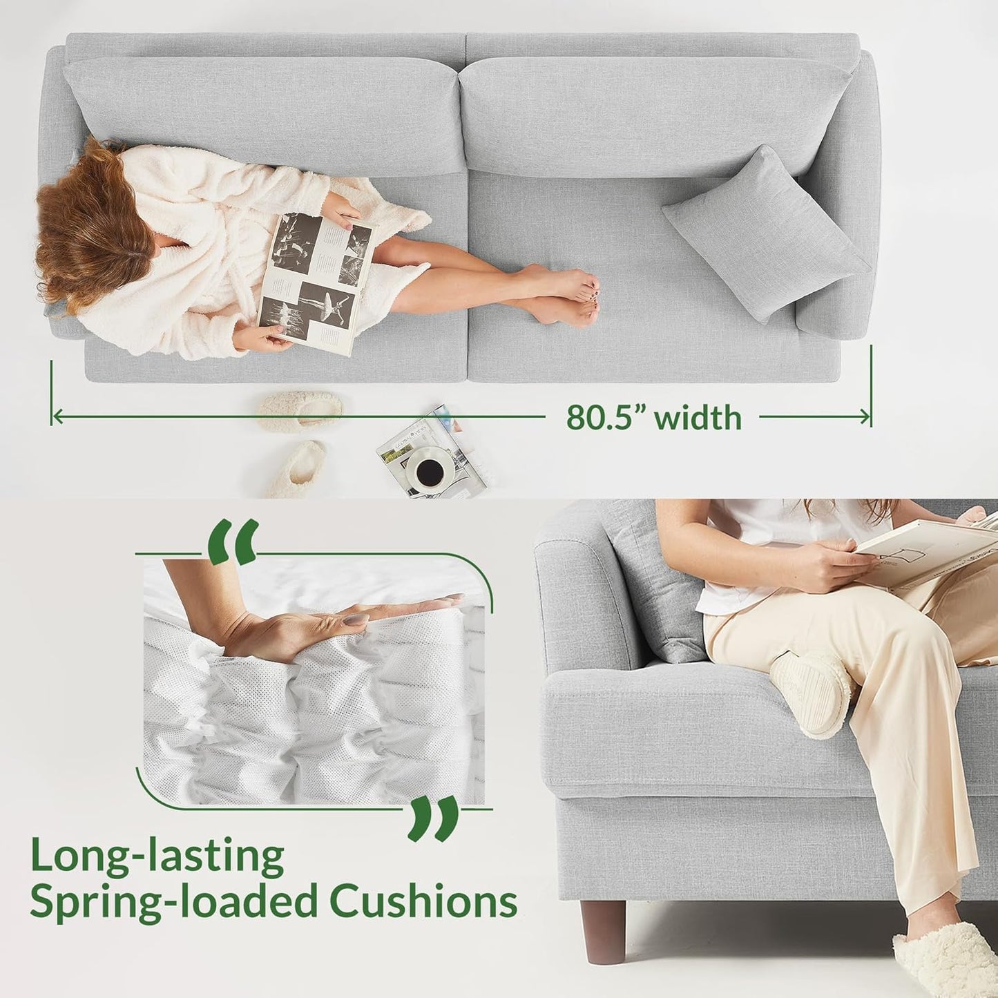 Cloud Comfort Couch – 81" 3 Seater Couch, Includes 2 Matching Pillows, Sofa with Removable & Machine-Washable Covers, Spring-Loaded Cushions, Easy Assembly (Light Grey, 3 Seater)