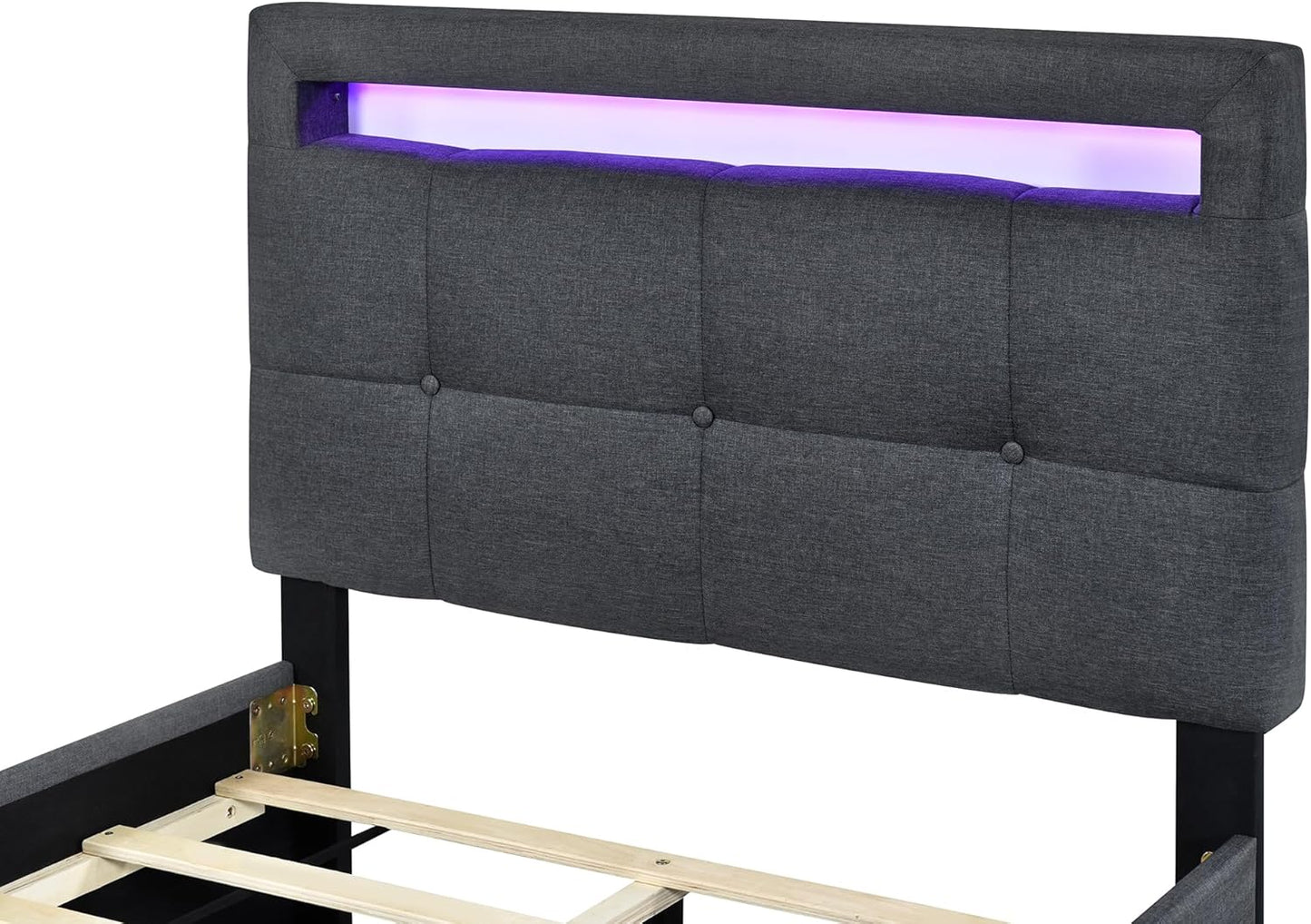 Elephance Twin Size Upholstered Platform Bed with LED Frame and 2 Drawers, Linen Fabric, Easy Assembly Platform Bed, Wooden Slat Support No Box Spring Needed,Gray