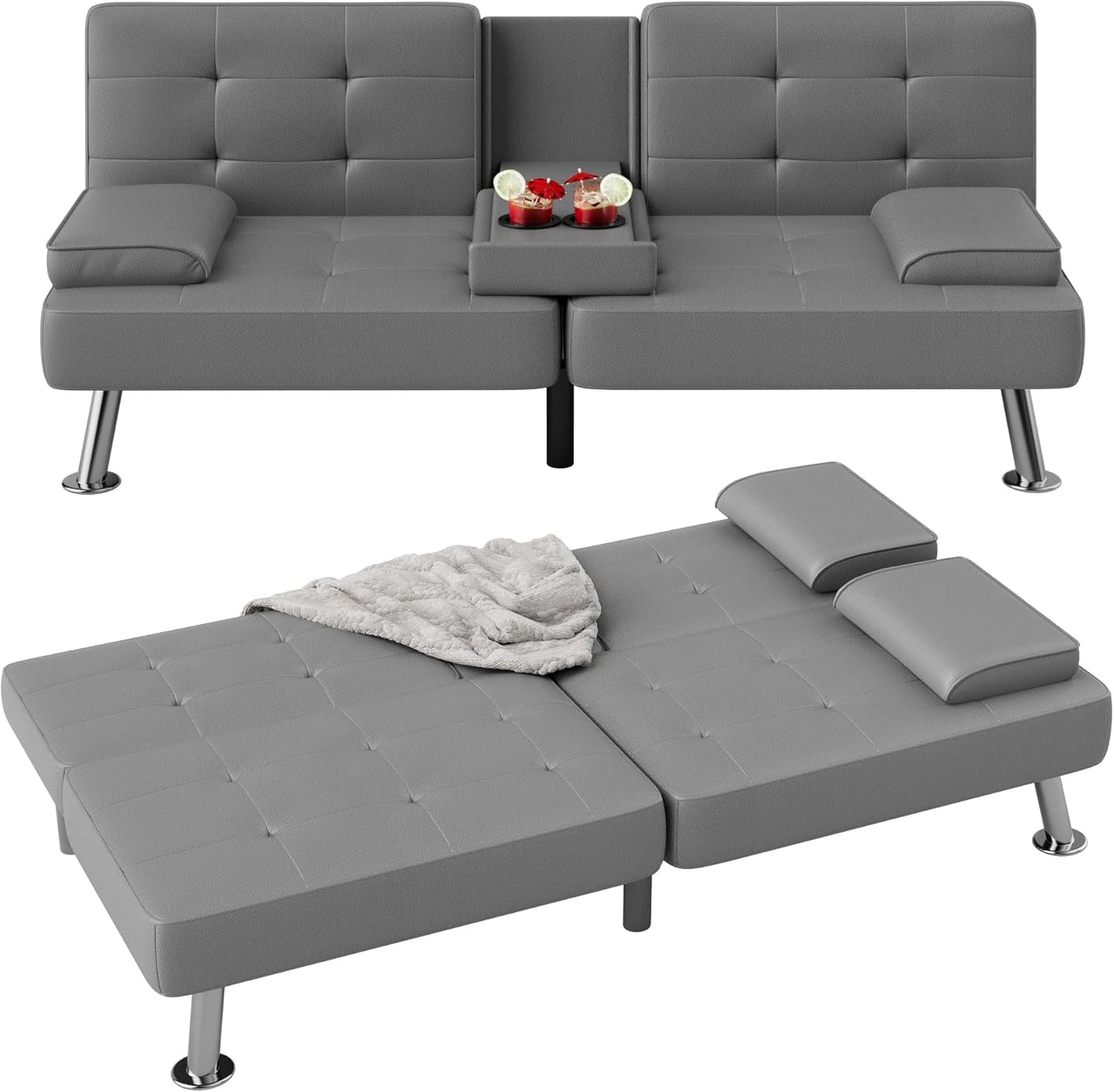 Flamaker Futon Sofa Bed Modern Folding Futon Set Convertible Recliner Lounge for Living Room with 2 Cup Holders, Removable Armrests (PU Leather, Black)