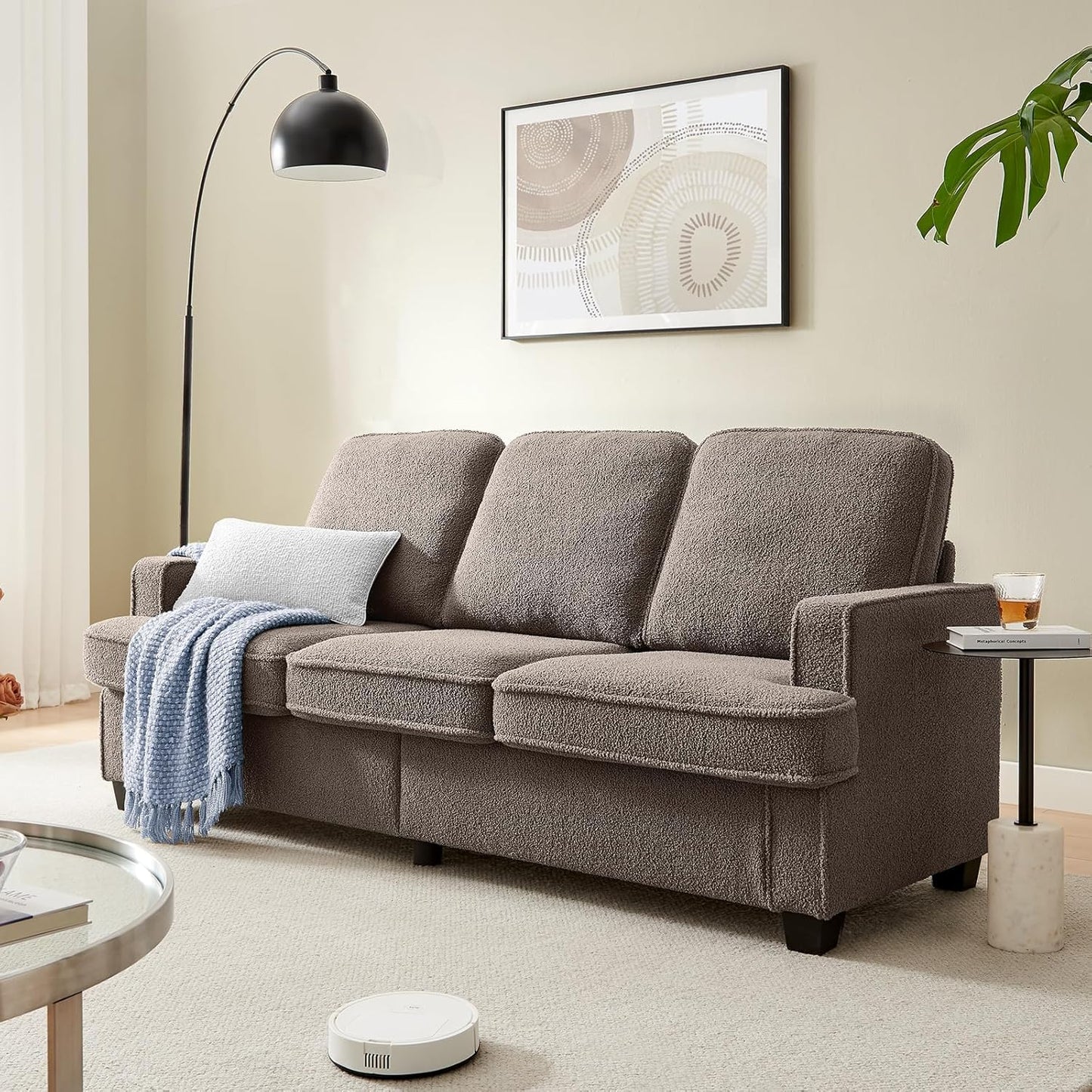 Couches for Living Room, 82” Spacious Deep Seat Sofa for Living Room/Bedroom/Office/Apartment, Sofa Bed for Small Spaces, Detachable Futon Couch Cover, Easy to Install, Beige Teddy Fleece