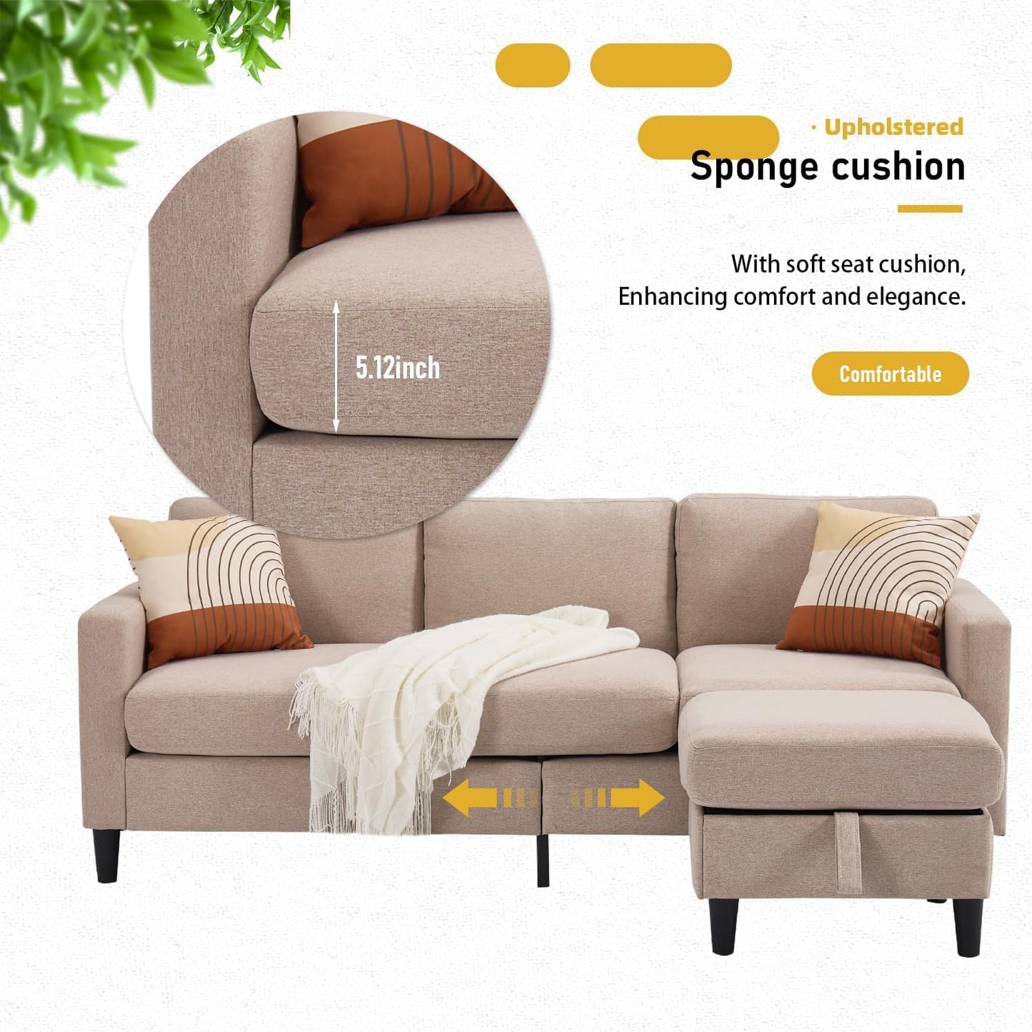 3 - Seater Small Sectional Couch for Small Living Room & Apartment, Modern I Shaped Couch with Storage for Compact Spaces (Beige)