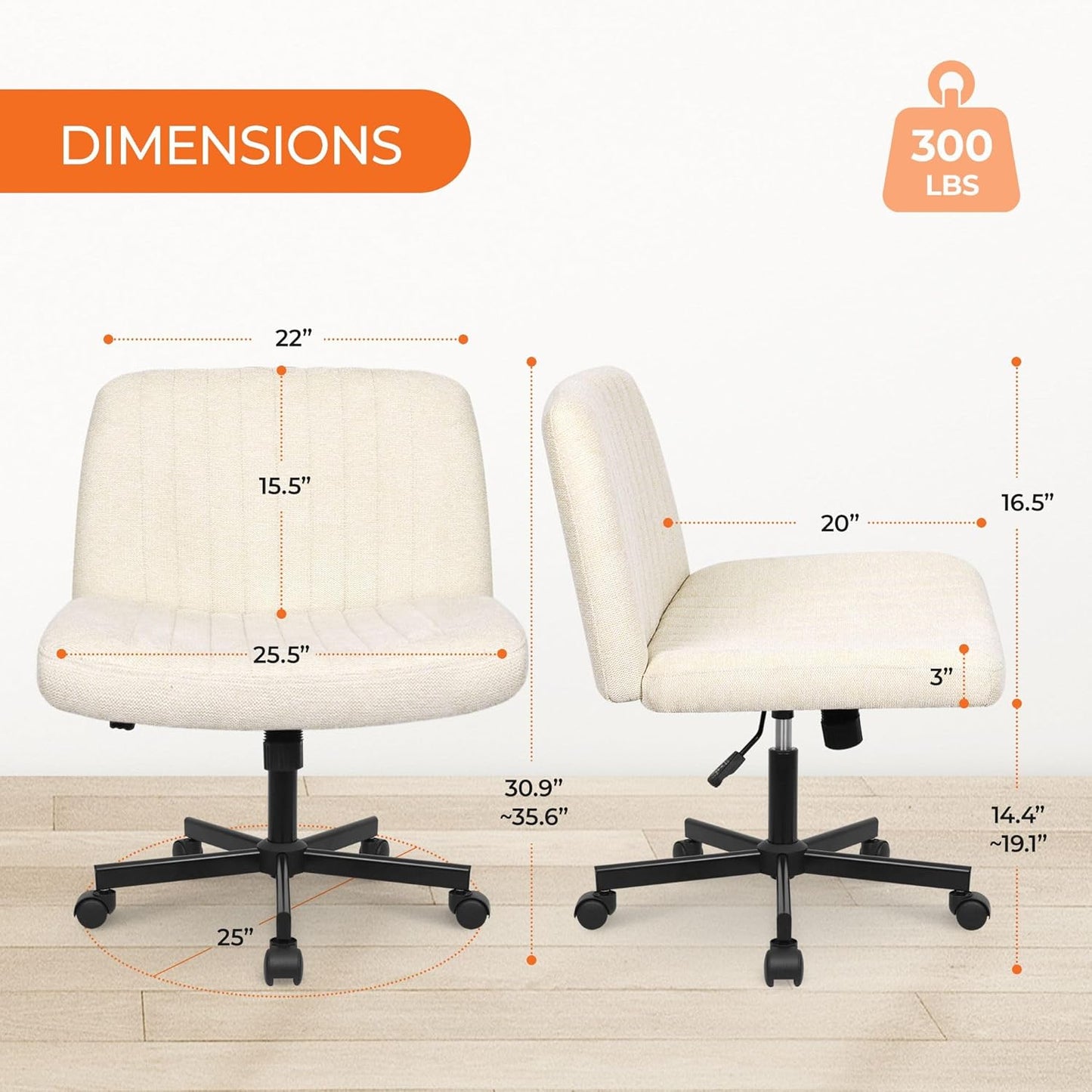 Orange Factory Criss Cross Chair Wheels Wide Cross Legged Office Desk Vanity Chair Comfy Fabric Armless Adjustable Swivel for Home Computer Task (Beige)