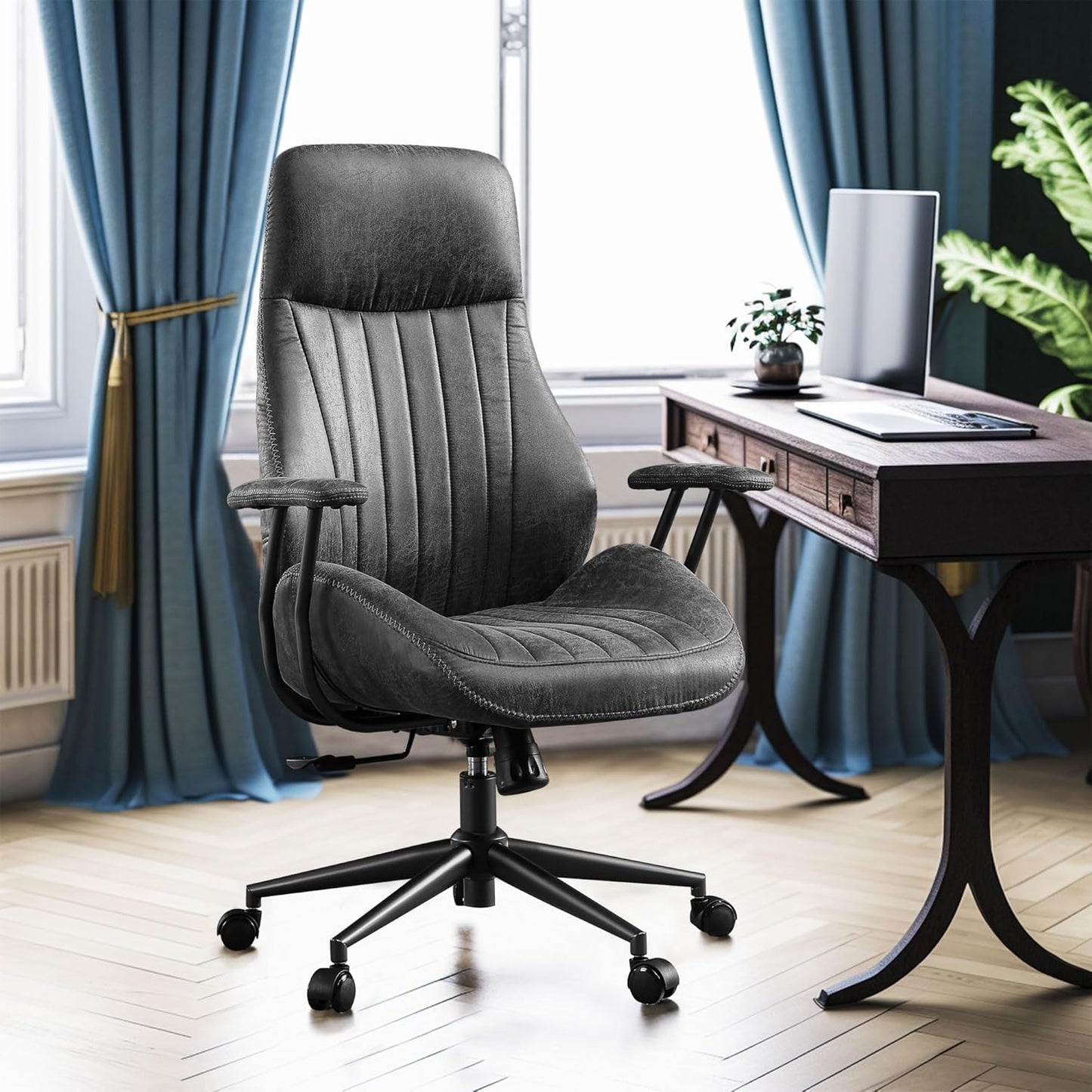 High Back Office Chair,Modern Swivel Office Chair,Brown Suede Fabric Gaming Chair,Height Adjustable Home Office Desk Chair with Lumbar Support