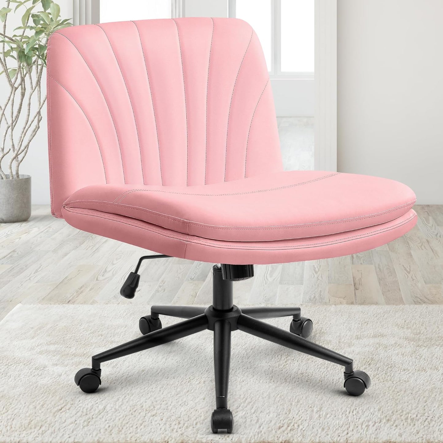 Orange Factory Criss Cross Chair Wheels Wide Cross Legged Office Desk Vanity Chair Comfy Fabric Armless Adjustable Swivel for Home Computer Task (Beige)