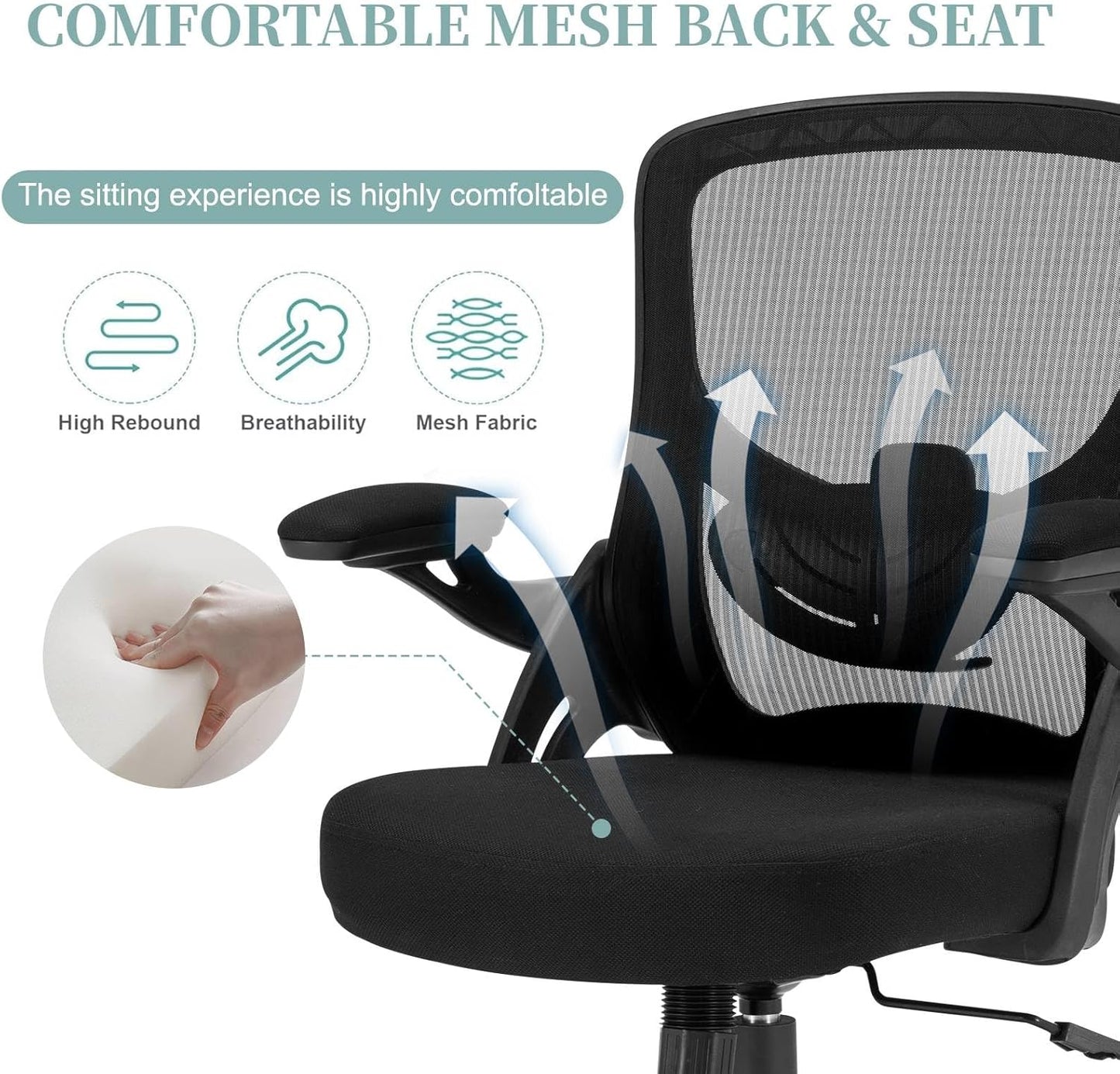 Ergonomic Mesh Office Chair, Comfy Desk Chair with Flip up Armrests, Swivel Computer Desk Chair with Adjustable Lumbar Support and Height for Home Office, 300 lbs Capacity