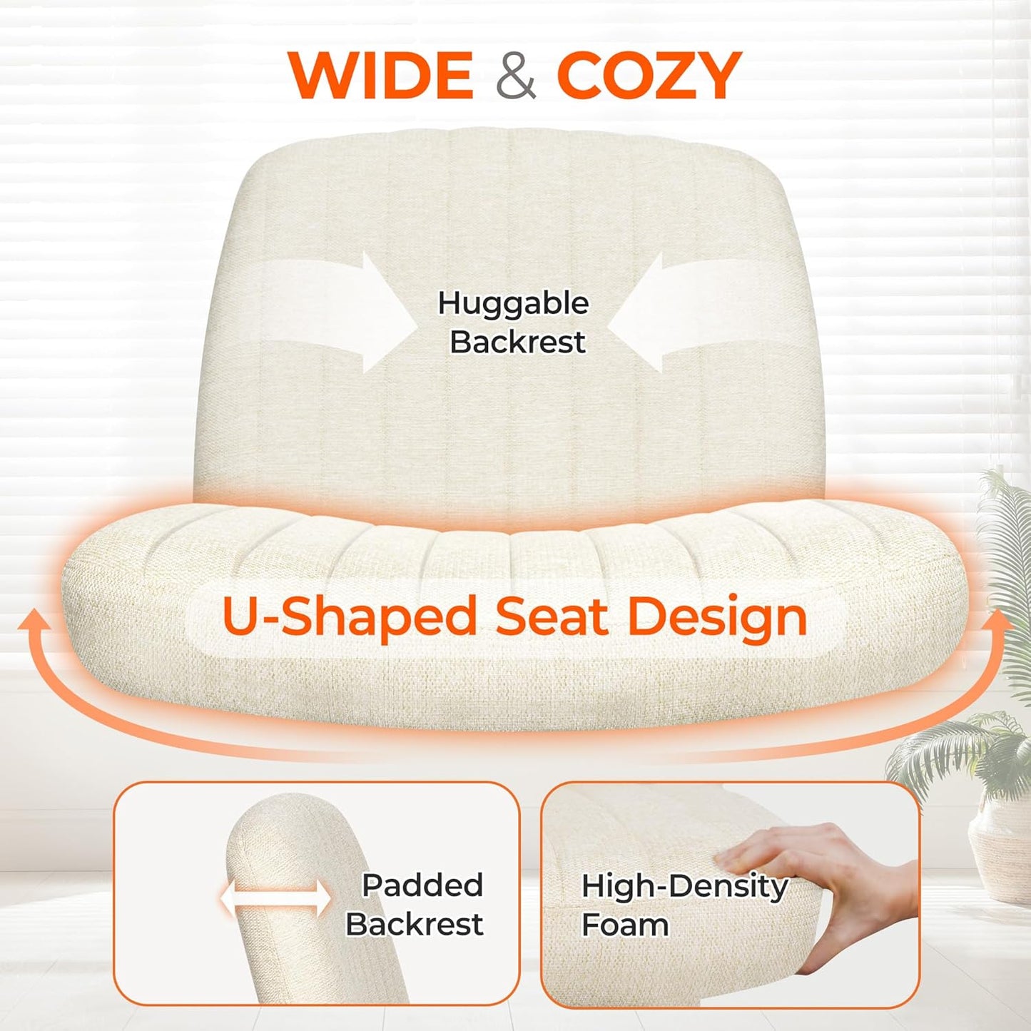 Orange Factory Criss Cross Chair Wheels Wide Cross Legged Office Desk Vanity Chair Comfy Fabric Armless Adjustable Swivel for Home Computer Task (Beige)