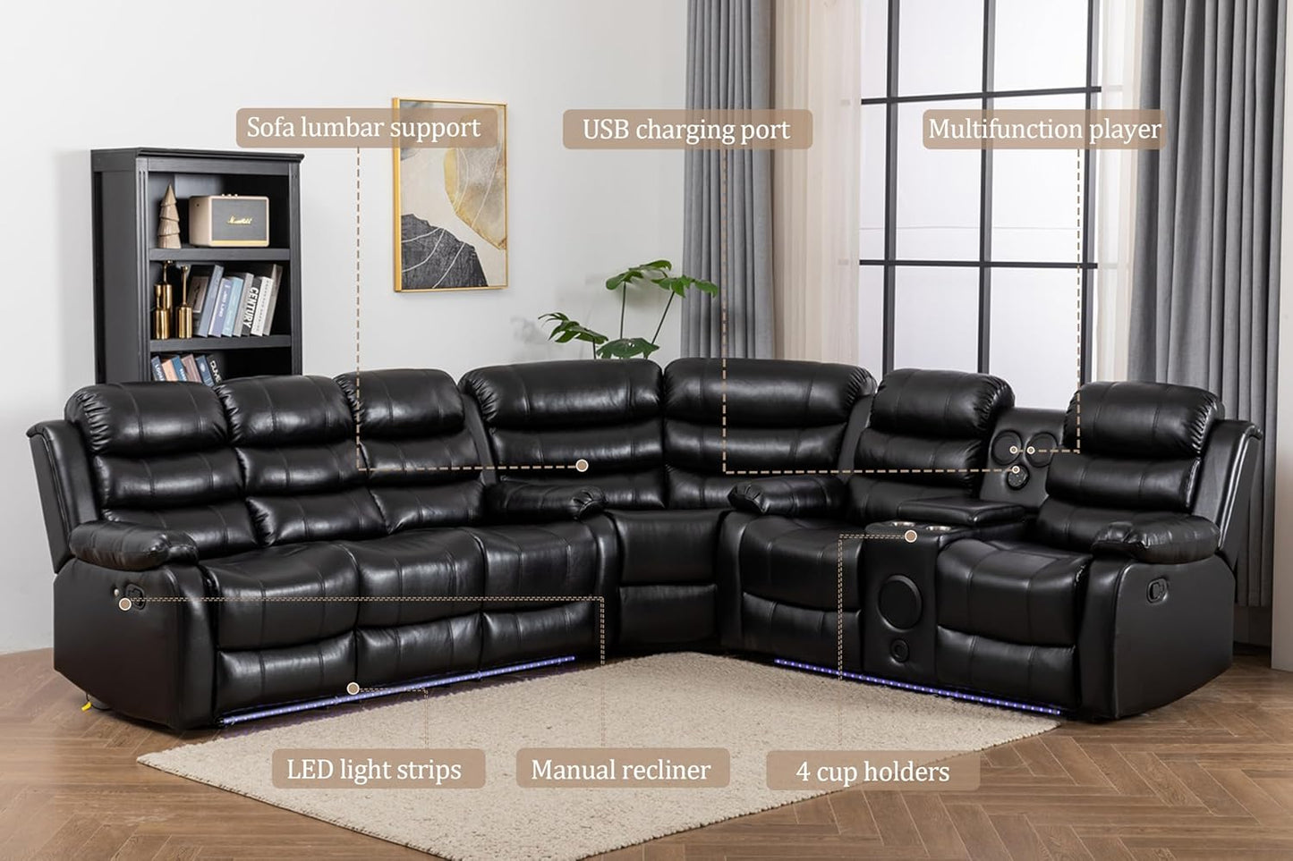 INSTORY 6-Seater Reclining Sofa, Faux Leather, Bluetooth Speakers, LED Lights, Drop Down Table, Cup Holders, USB Outlet, Storage Box (Black)