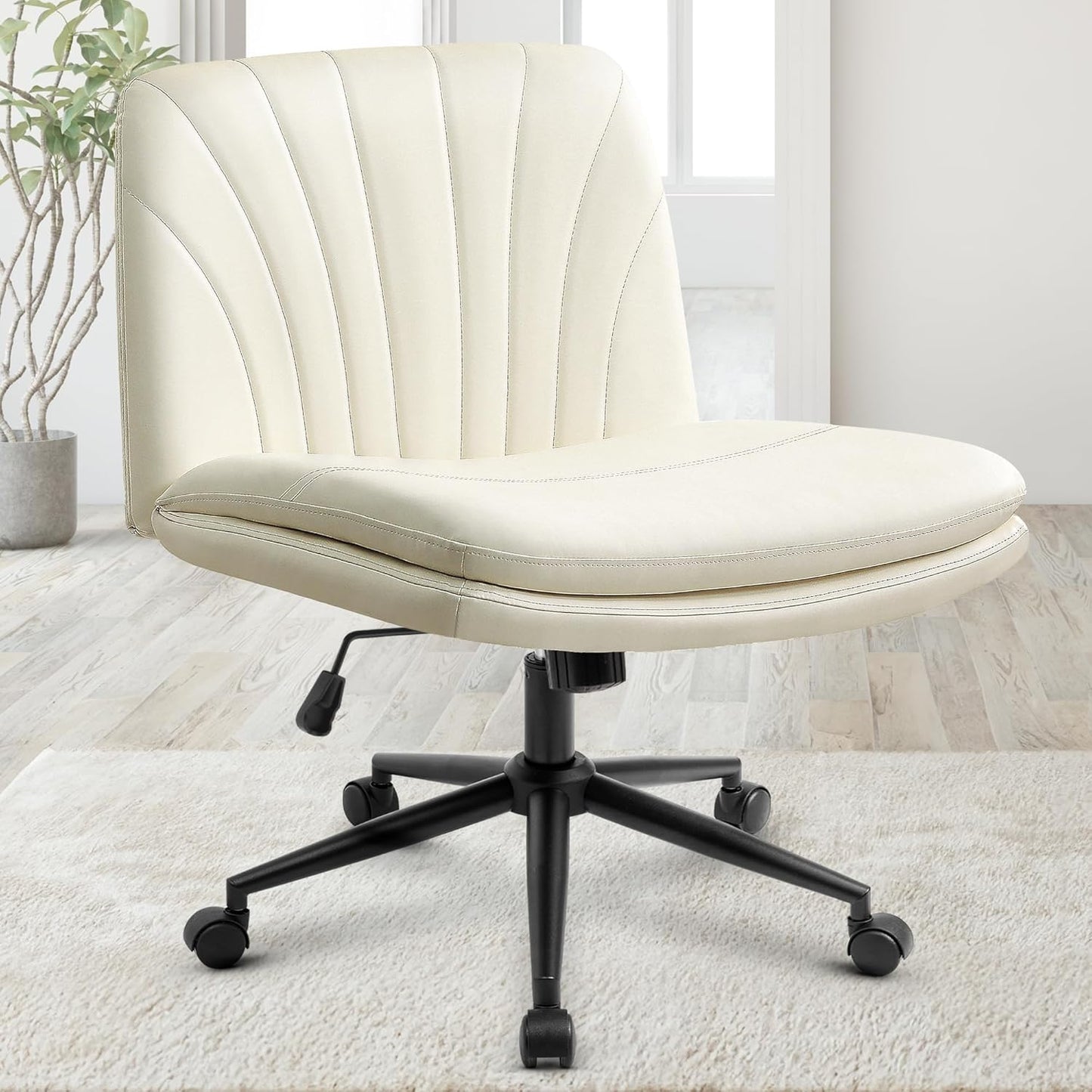 Orange Factory Criss Cross Chair Wheels Wide Cross Legged Office Desk Vanity Chair Comfy Fabric Armless Adjustable Swivel for Home Computer Task (Beige)