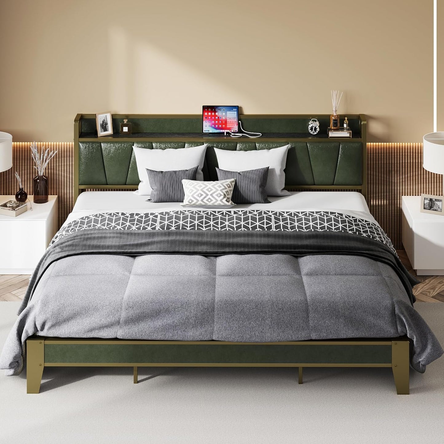 LIKIMIO California King Bed Frames, Storage Headboard with Charging Station, Solid and Stable, Noise Free, No Box Spring Needed, Easy Assembly