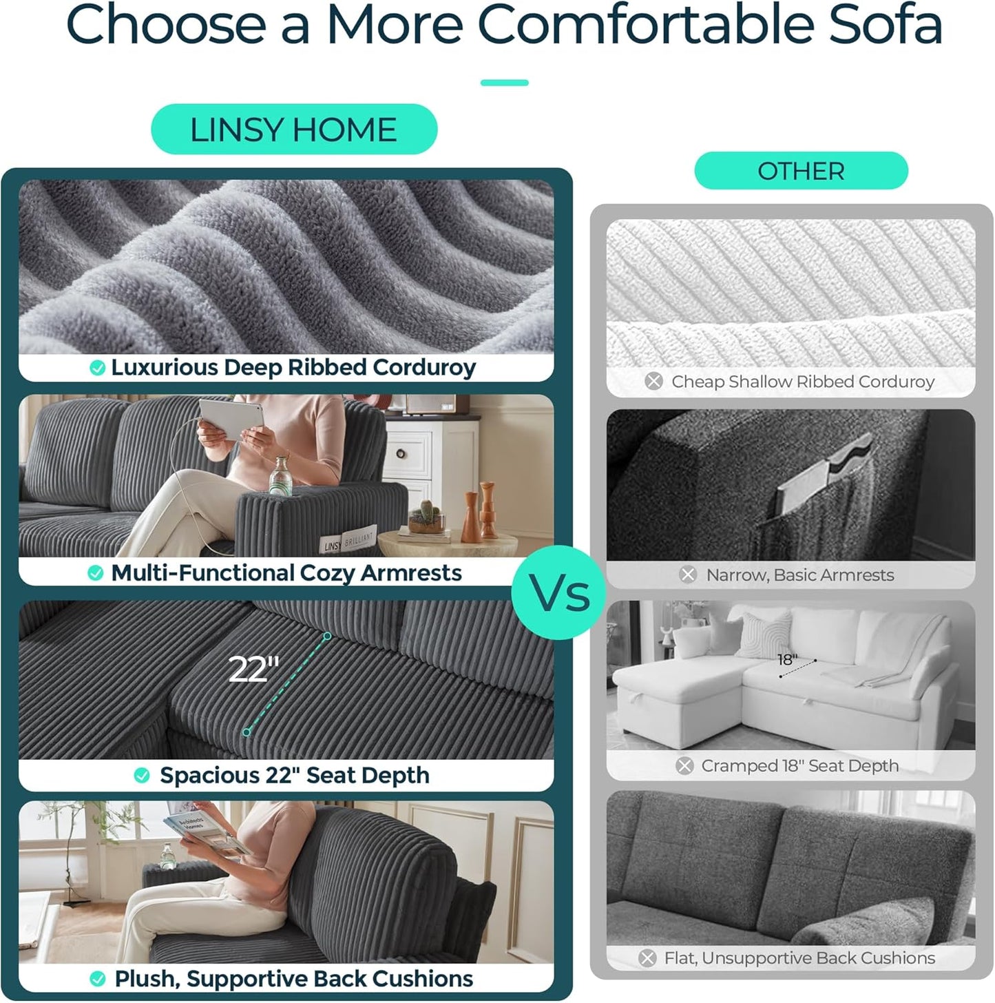 LINSY HOME Sectional Sleeper Sofa with Pull Out Couch Bed Convertible Plush Corduroy Cloud Couch with Storage Chaise & USB Charging, Comfy L Shaped Modular Couches for Living Room Apartment (Grey)