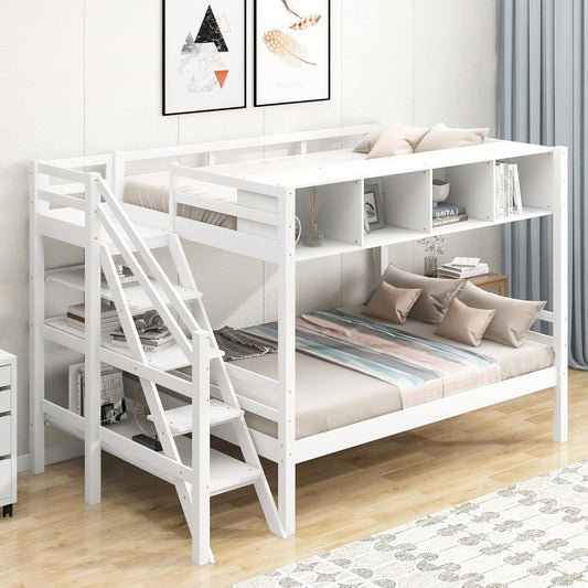 Twin Size Bed Frame for Bedroom Twin Over Full Bunk Bed with Staircase and Built-in Storage Cabinets No Box Spring Needed White 96" L x 57.2" W x 62.2" H