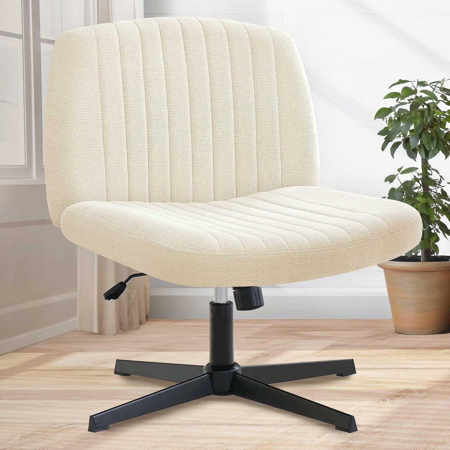 Orange Factory Criss Cross Chair Wheels Wide Cross Legged Office Desk Vanity Chair Comfy Fabric Armless Adjustable Swivel for Home Computer Task (Beige)