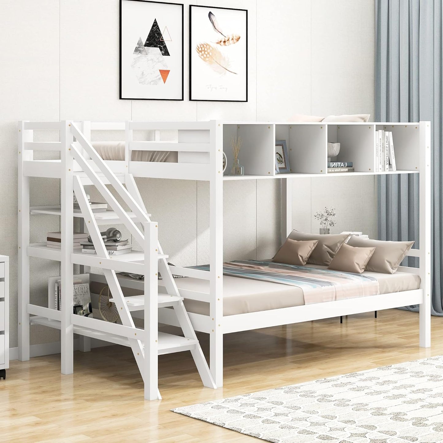 Twin Size Bed Frame for Bedroom Twin Over Full Bunk Bed with Staircase and Built-in Storage Cabinets No Box Spring Needed White 96" L x 57.2" W x 62.2" H