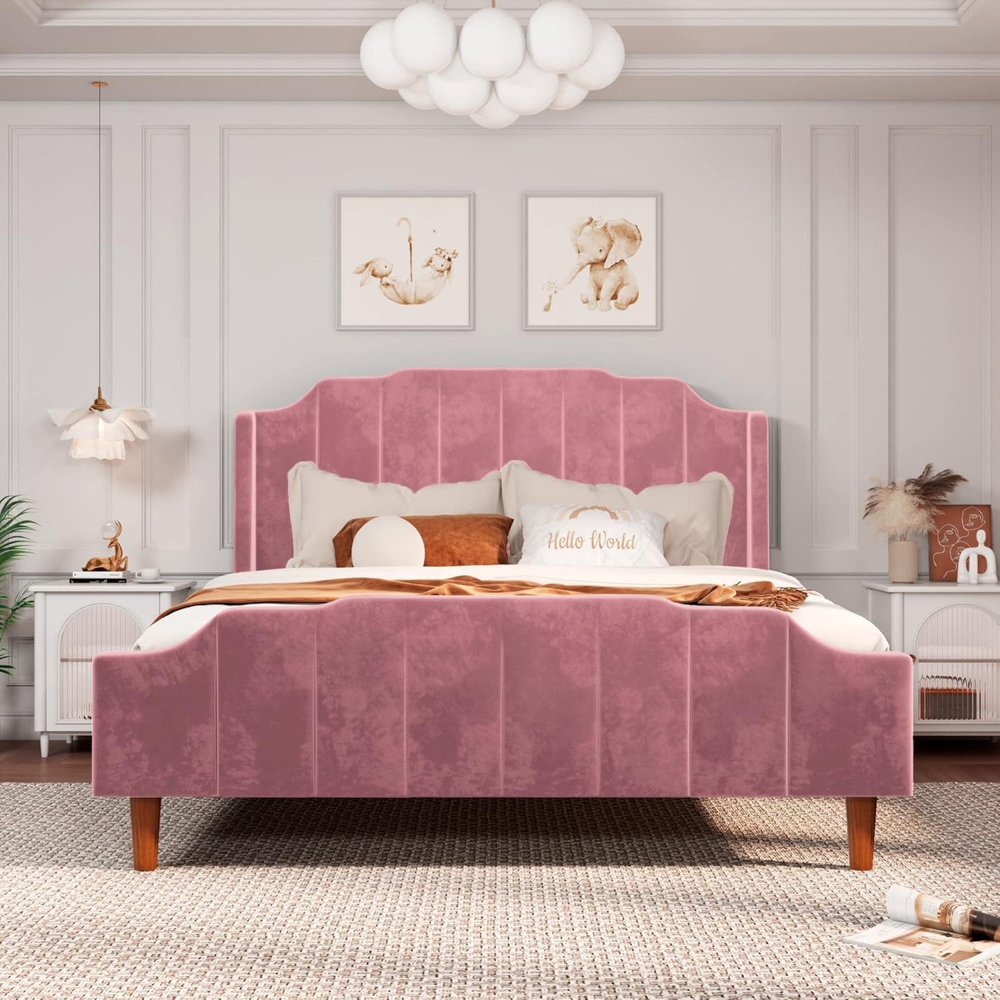 Allewie Queen Size Velvet Bed Frame Upholstered Platform Bed with Vertical Headboard and Footboard, Solid Wood Leg and Strong Slats Support, No Box Spring Needed, Easy Assembly, Black