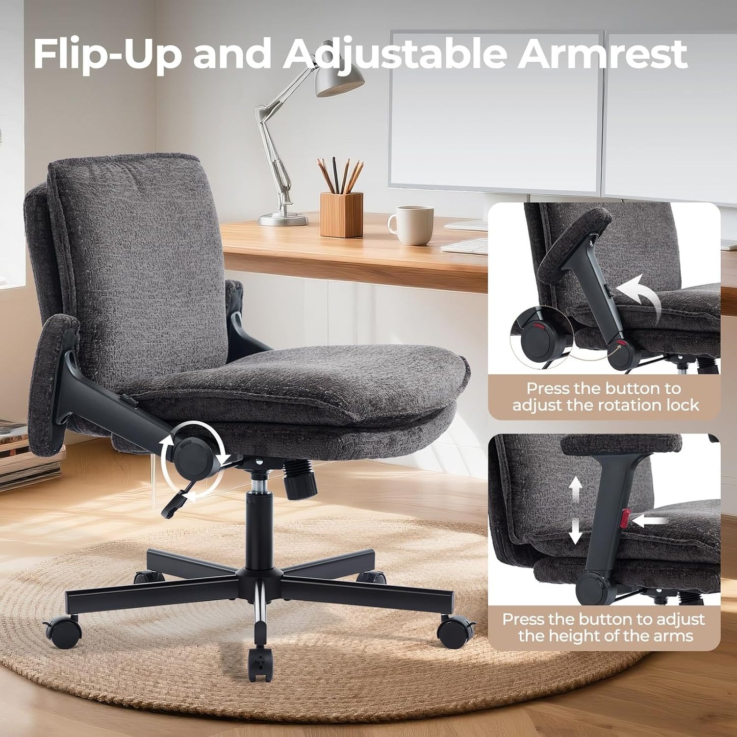 Criss Cross Chair with Flip-Up Arms and Lockable Wheels, Plush Fabric Cross Legged Office Desk Chair，Wider 125°Tilting Adjustable Swivel Computer Chair for Home, Apartment, Bedroom,Black