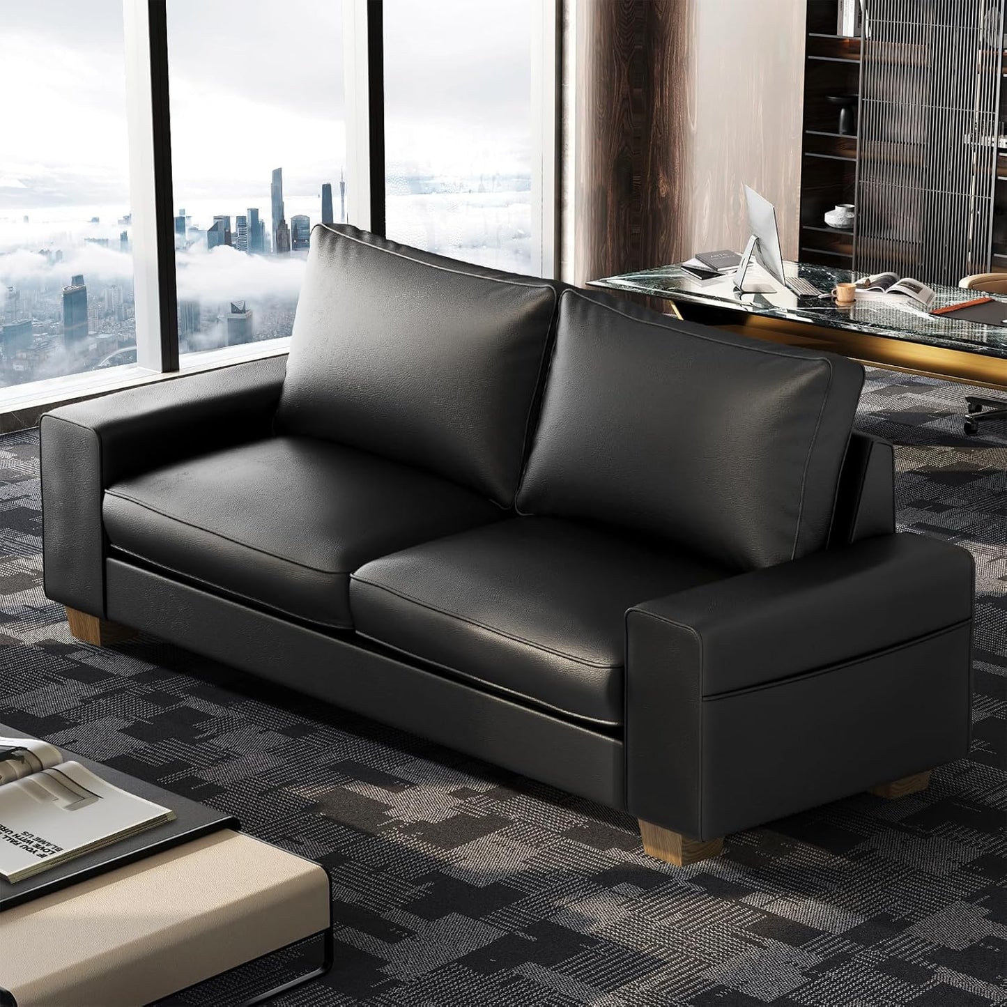 Faux Leather Couch, Mid Century Modern Comfy Loveseat Sofa with Wide Arm, Side Pockets, Solid Wooden Frame for Office, Living Room and Bedroom, 2 Seater (Brown, 71.25 Inches)