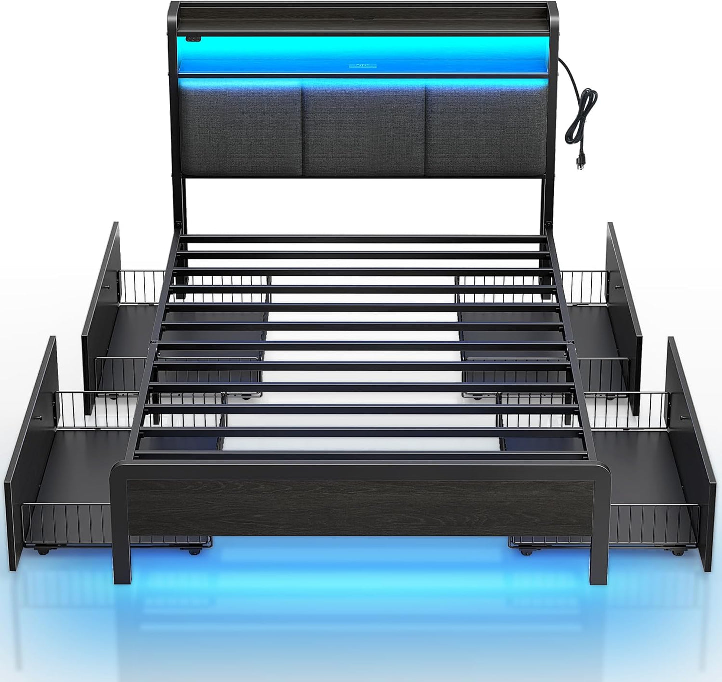 Rolanstar Bed Frame Queen Size with Charging Station and LED Lights, Upholstered Storage Headboard with Drawers, Heavy Duty Metal Slats, No Box Spring Needed, Noise Free, Easy Assembly, Dark Grey