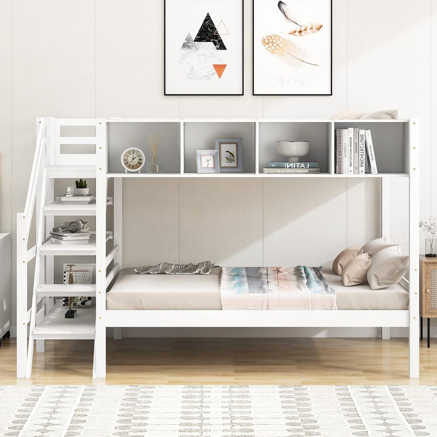 Twin Size Bed Frame for Bedroom Twin Over Full Bunk Bed with Staircase and Built-in Storage Cabinets No Box Spring Needed White 96" L x 57.2" W x 62.2" H