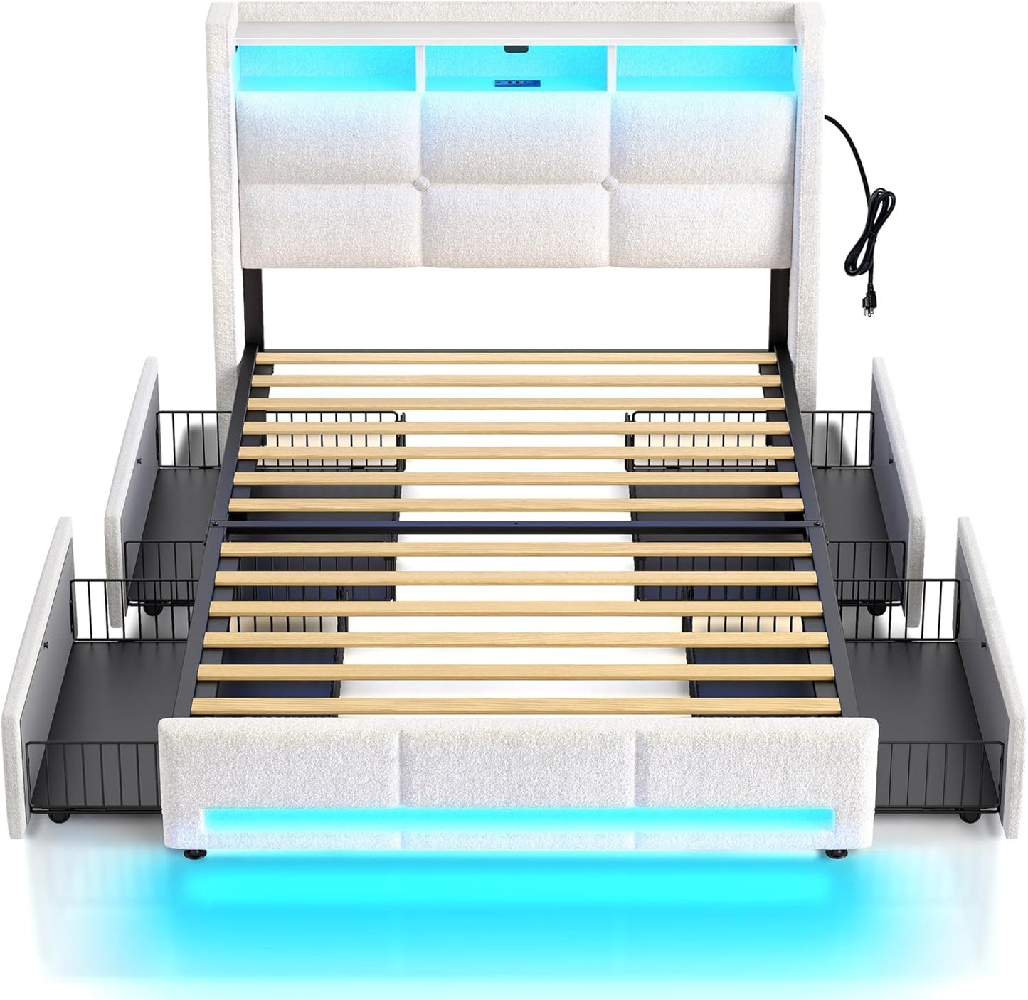 Rolanstar Full Size Bed Frame with LED Lights and Charging Station, Upholstered Bed Storage Headboard & Drawers, Heavy Duty Wood Slats, Easy Assembly