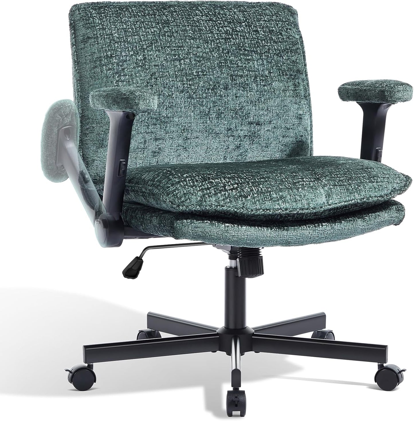 Criss Cross Chair with Flip-Up Arms and Lockable Wheels, Plush Fabric Cross Legged Office Desk Chair，Wider 125°Tilting Adjustable Swivel Computer Chair for Home, Apartment, Bedroom,Black