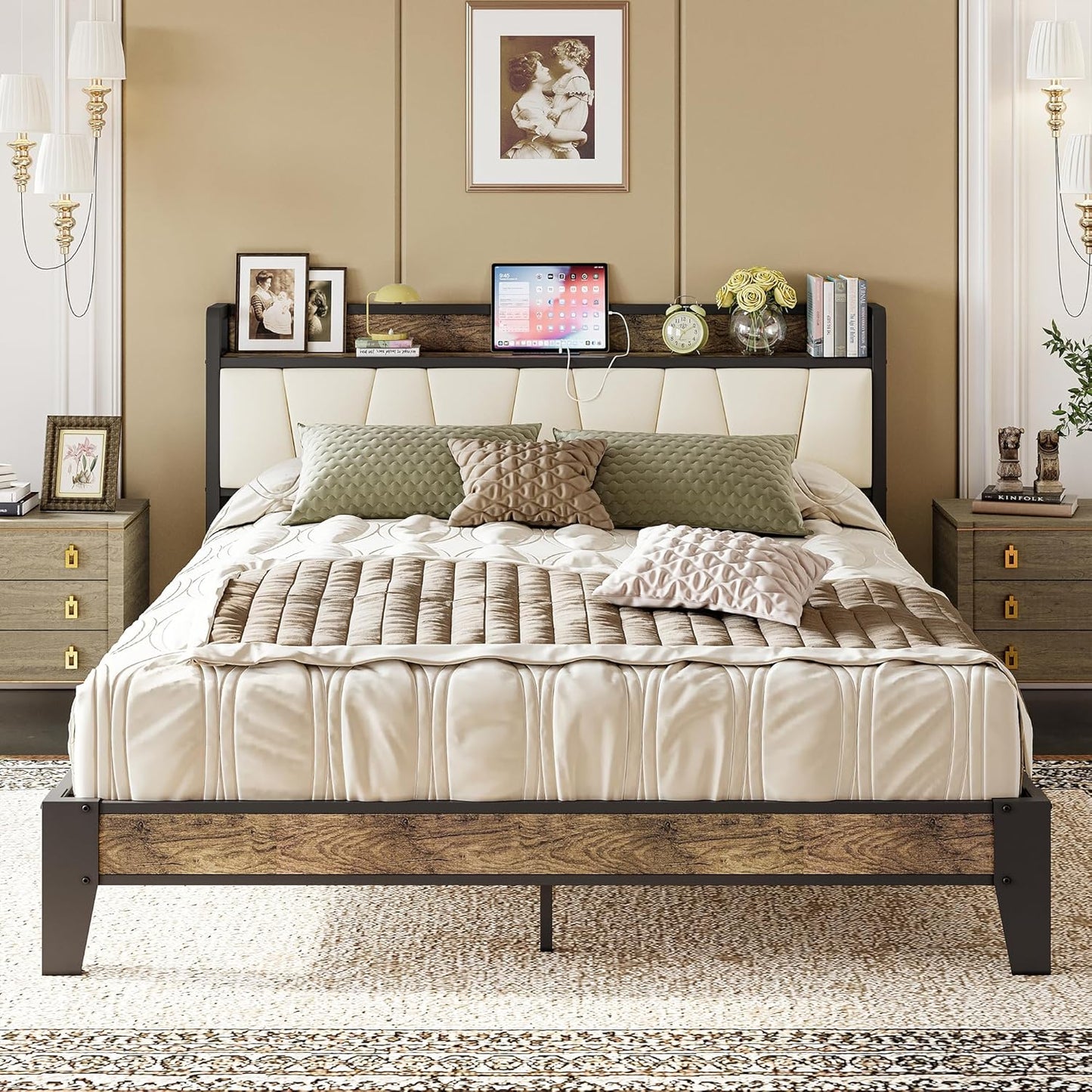 LIKIMIO California King Bed Frames, Storage Headboard with Charging Station, Solid and Stable, Noise Free, No Box Spring Needed, Easy Assembly