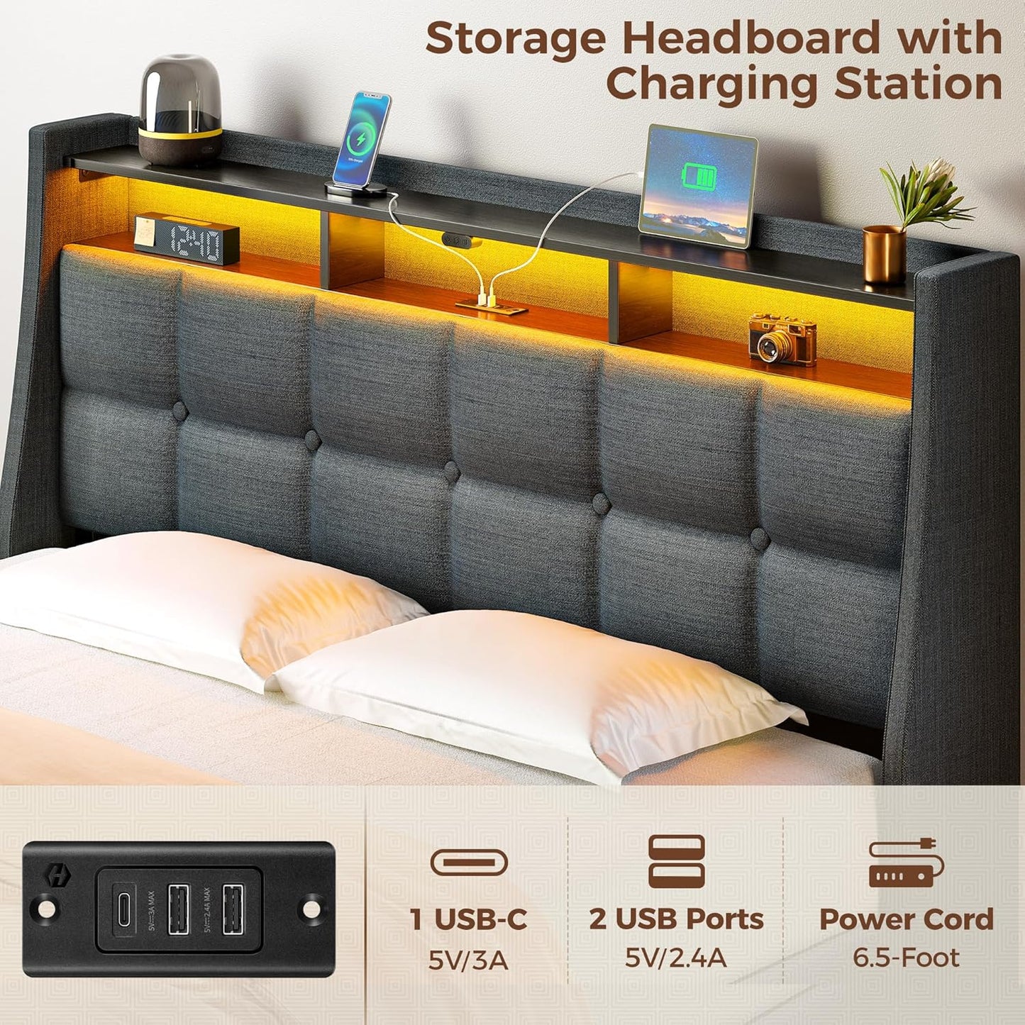 Rolanstar Full Size Bed Frame with LED Lights and Charging Station, Upholstered Bed Storage Headboard & Drawers, Heavy Duty Wood Slats, Easy Assembly
