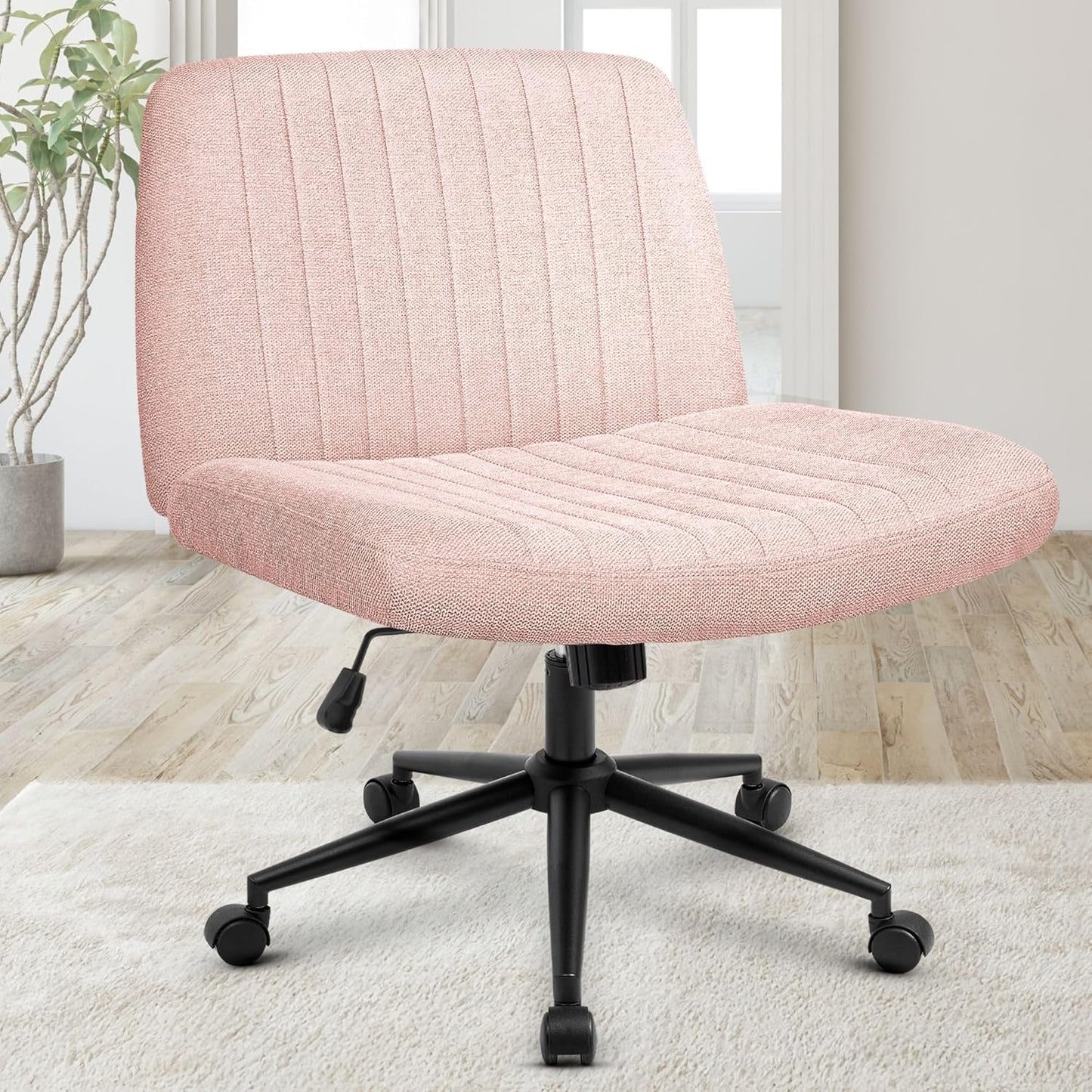Orange Factory Criss Cross Chair Wheels Wide Cross Legged Office Desk Vanity Chair Comfy Fabric Armless Adjustable Swivel for Home Computer Task (Beige)