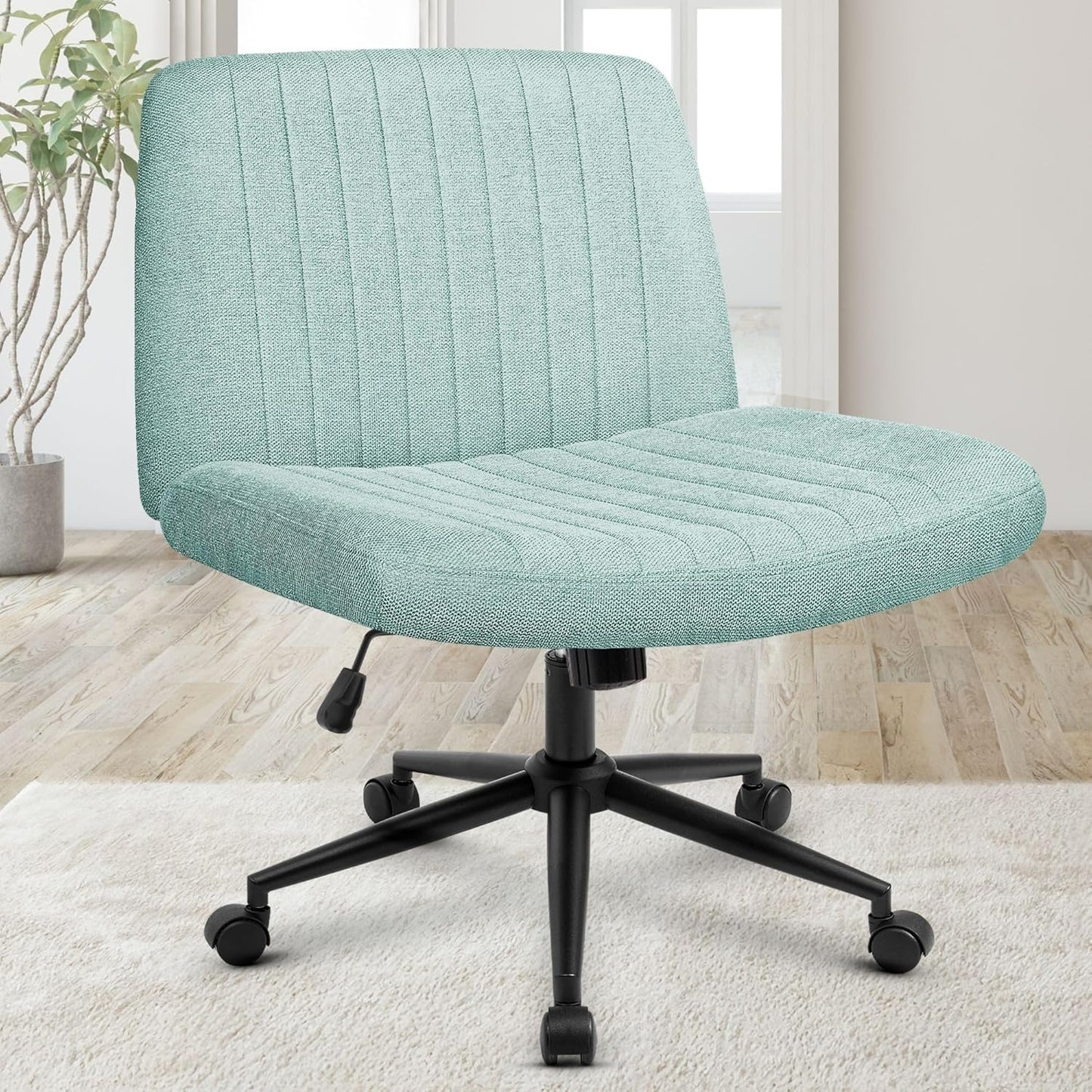 Orange Factory Criss Cross Chair Wheels Wide Cross Legged Office Desk Vanity Chair Comfy Fabric Armless Adjustable Swivel for Home Computer Task (Beige)
