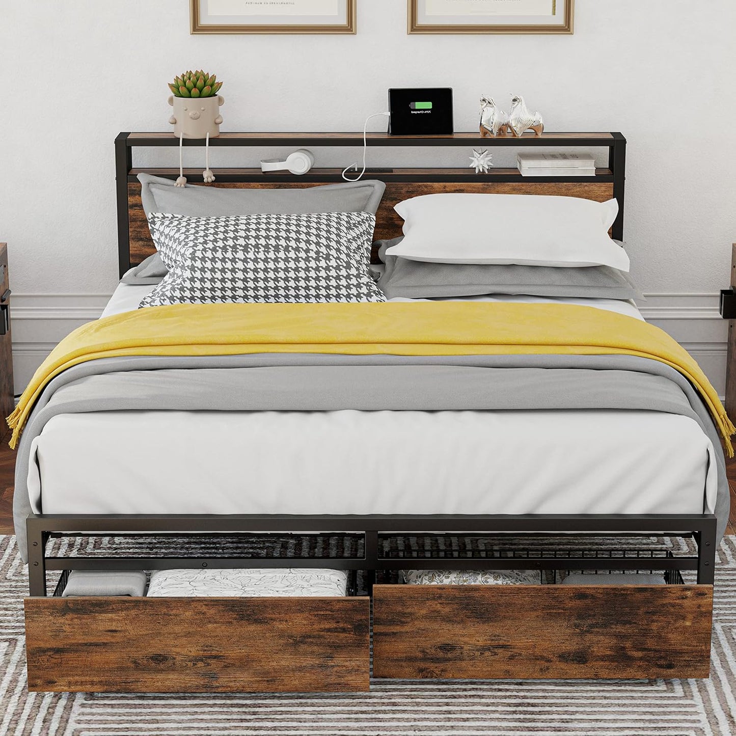 LIKIMIO King Bed Frame with Storage Headboard, Platform Bed with Drawers and Charging Station, No Box Spring Needed, Easy Assembly, Vintage Brown