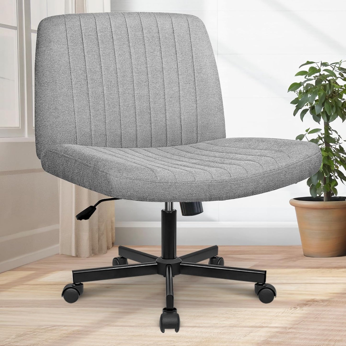 Orange Factory Criss Cross Chair Wheels Wide Cross Legged Office Desk Vanity Chair Comfy Fabric Armless Adjustable Swivel for Home Computer Task (Beige)