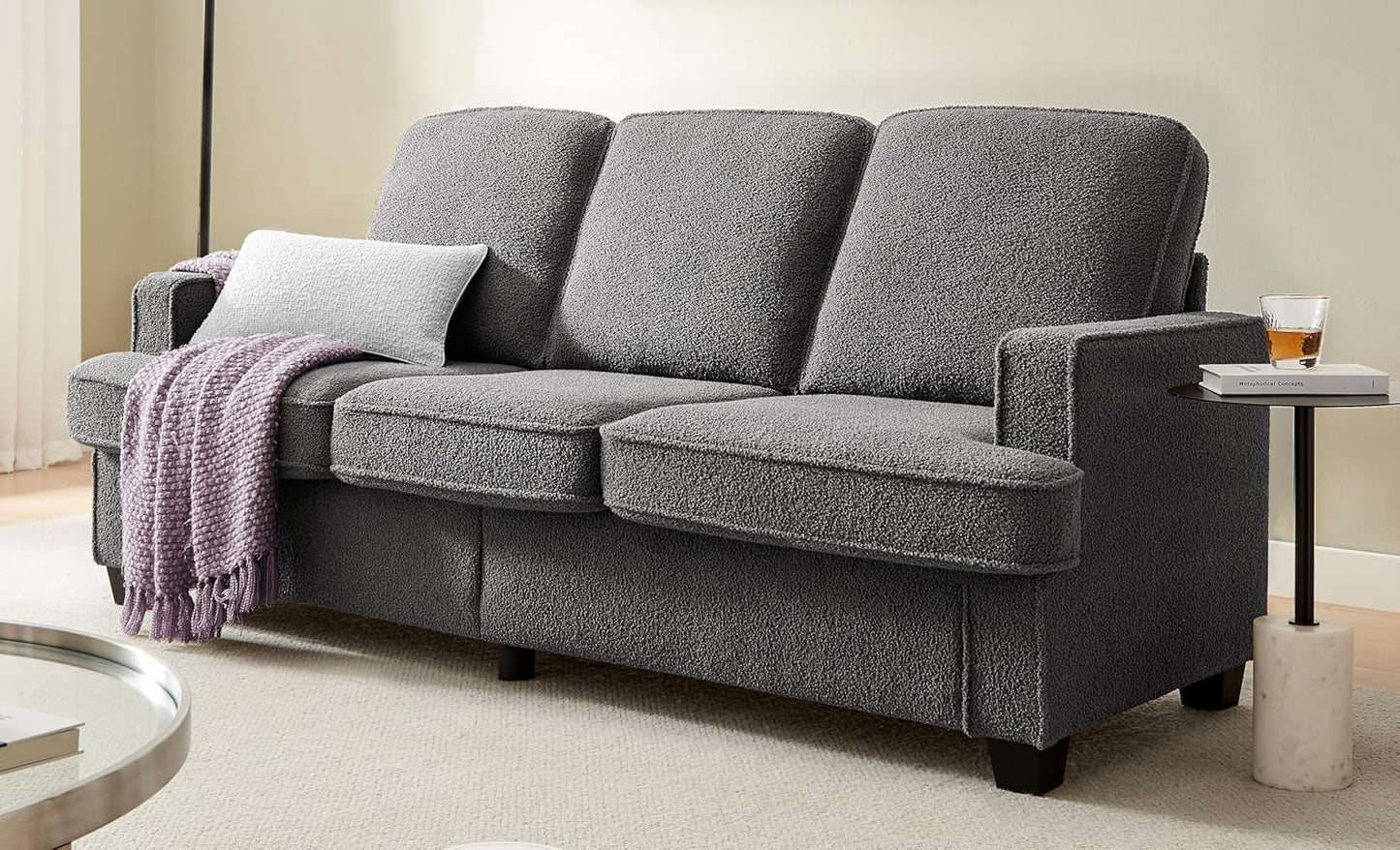 Couches for Living Room, 82” Spacious Deep Seat Sofa for Living Room/Bedroom/Office/Apartment, Sofa Bed for Small Spaces, Detachable Futon Couch Cover, Easy to Install, Beige Teddy Fleece