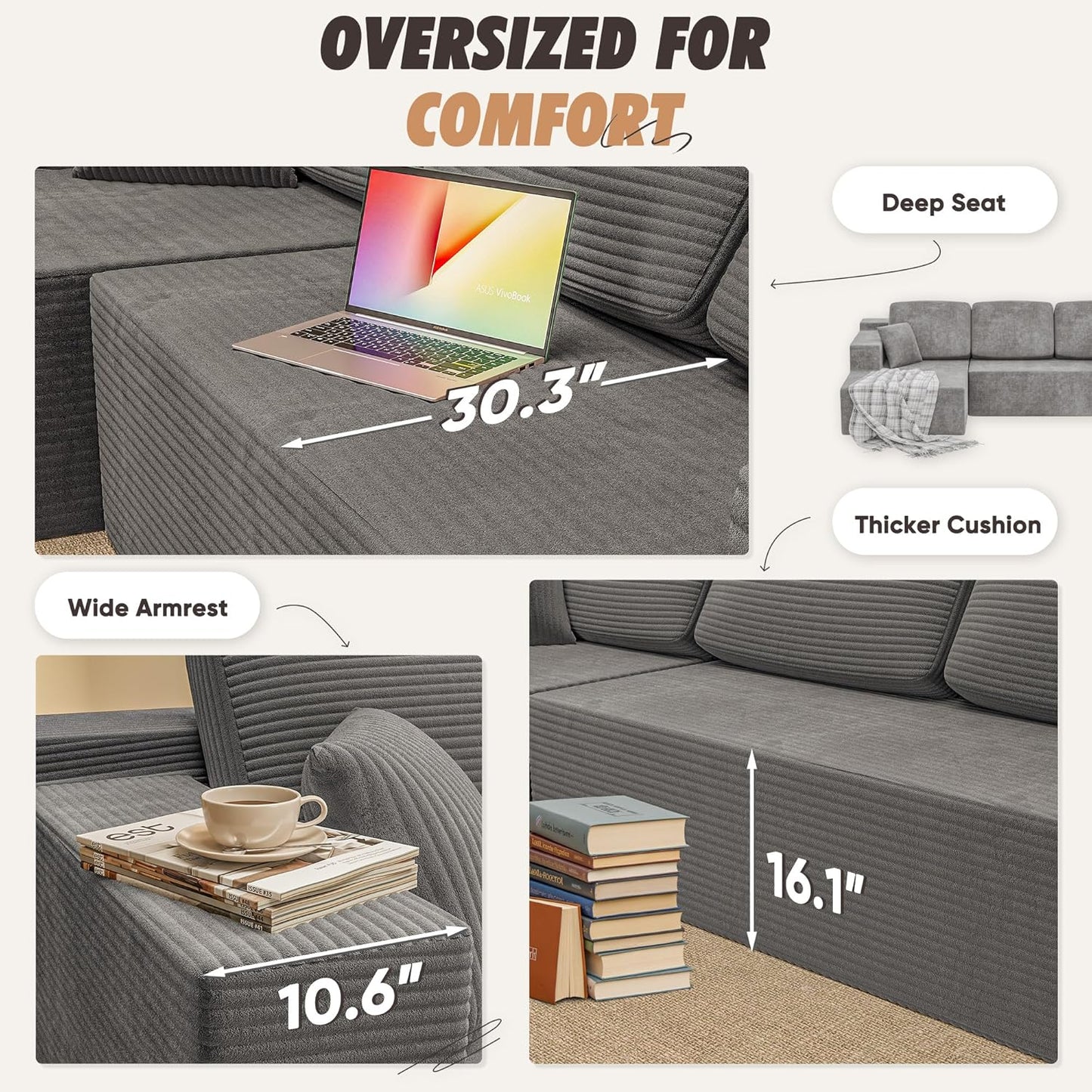 VICTONE 108" Boneless Couch, Modular Sectional Sofa with Ultra-Plush Deep Seat, L-Shaped Cloud Couch with Chaise, Upholstered Lounge Sofa for Living Room, Apartment (Corduroy, Grey)