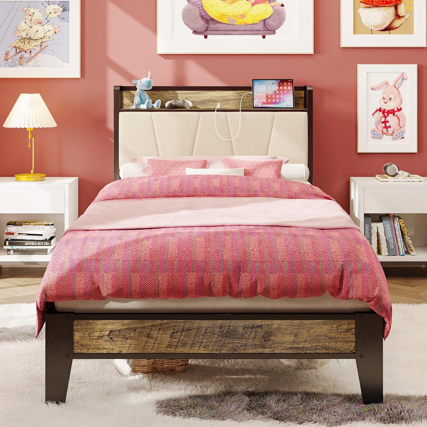 LIKIMIO California King Bed Frames, Storage Headboard with Charging Station, Solid and Stable, Noise Free, No Box Spring Needed, Easy Assembly