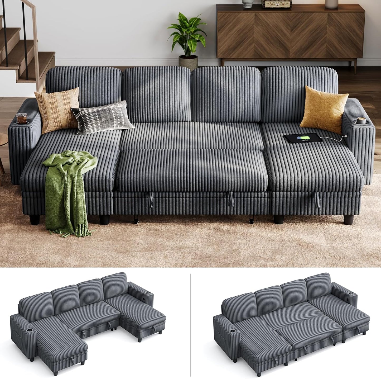 LINSY HOME Sectional Sleeper Sofa with Pull Out Couch Bed Convertible Plush Corduroy Cloud Couch with Storage Chaise & USB Charging, Comfy L Shaped Modular Couches for Living Room Apartment (Grey)