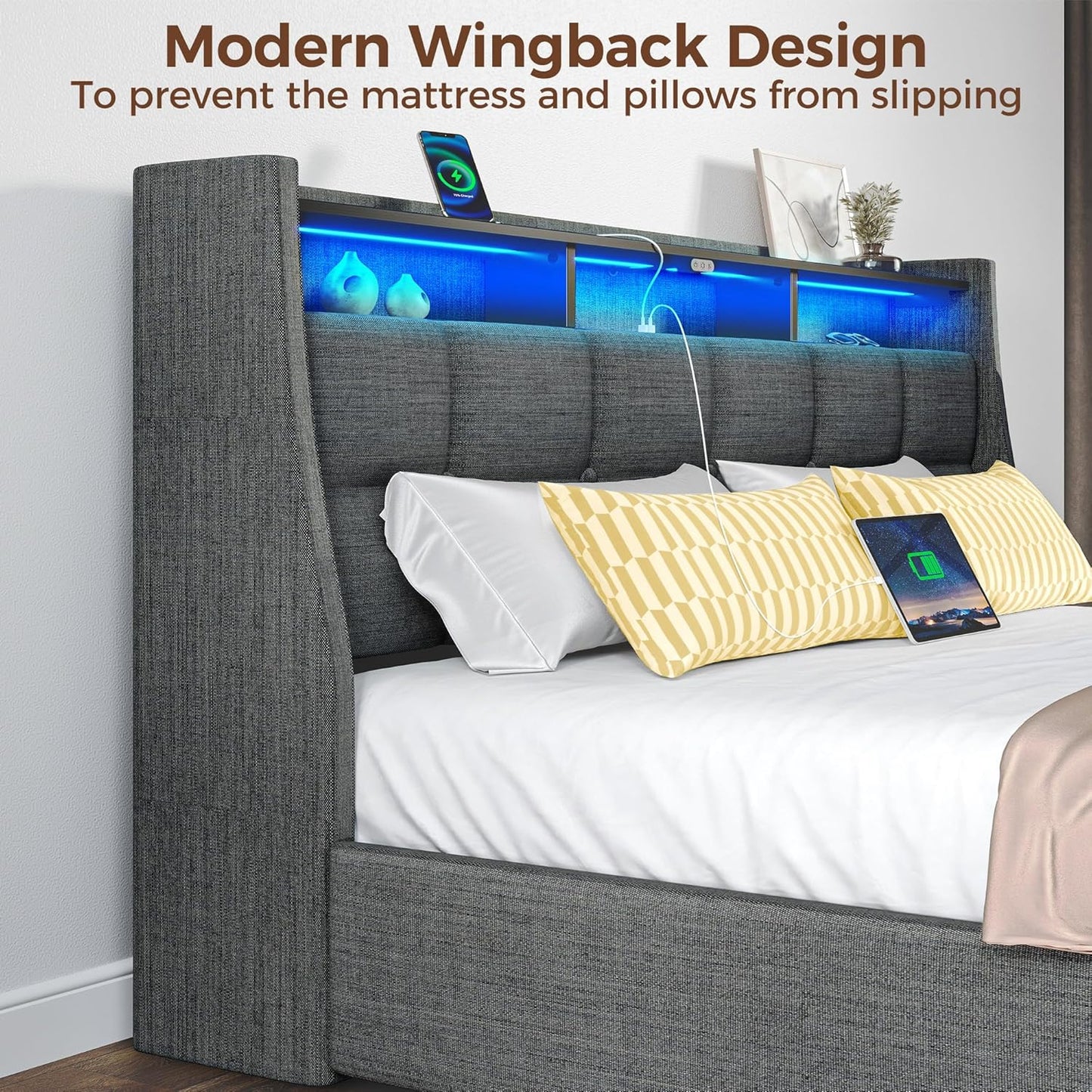 Rolanstar Full Size Bed Frame with LED Lights and Charging Station, Upholstered Bed Storage Headboard & Drawers, Heavy Duty Wood Slats, Easy Assembly