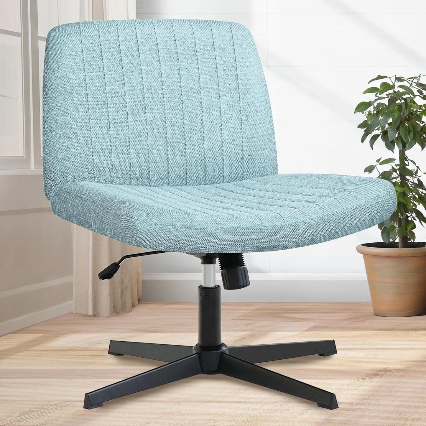 Orange Factory Criss Cross Chair Wheels Wide Cross Legged Office Desk Vanity Chair Comfy Fabric Armless Adjustable Swivel for Home Computer Task (Beige)