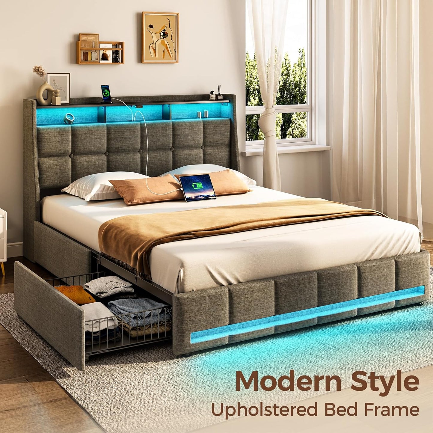 Rolanstar Full Size Bed Frame with LED Lights and Charging Station, Upholstered Bed Storage Headboard & Drawers, Heavy Duty Wood Slats, Easy Assembly