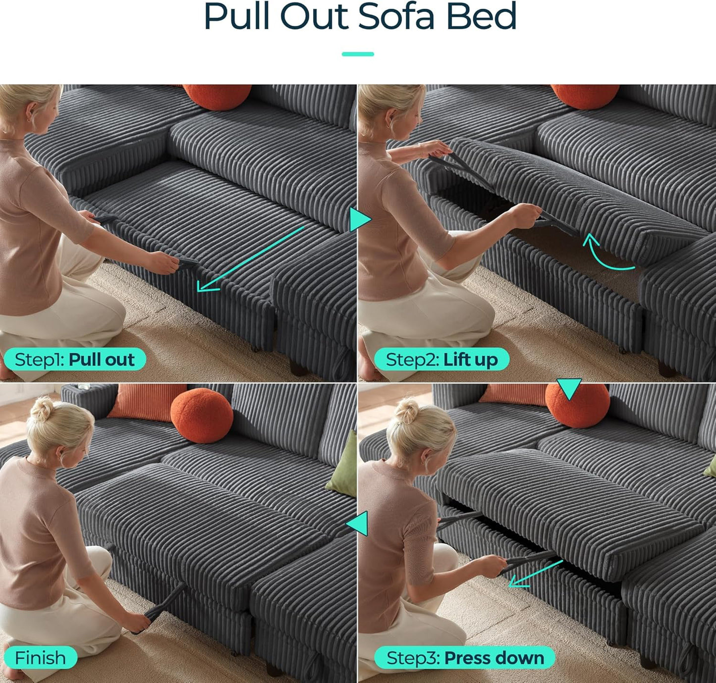 LINSY HOME Sectional Sleeper Sofa with Pull Out Couch Bed Convertible Plush Corduroy Cloud Couch with Storage Chaise & USB Charging, Comfy L Shaped Modular Couches for Living Room Apartment (Grey)