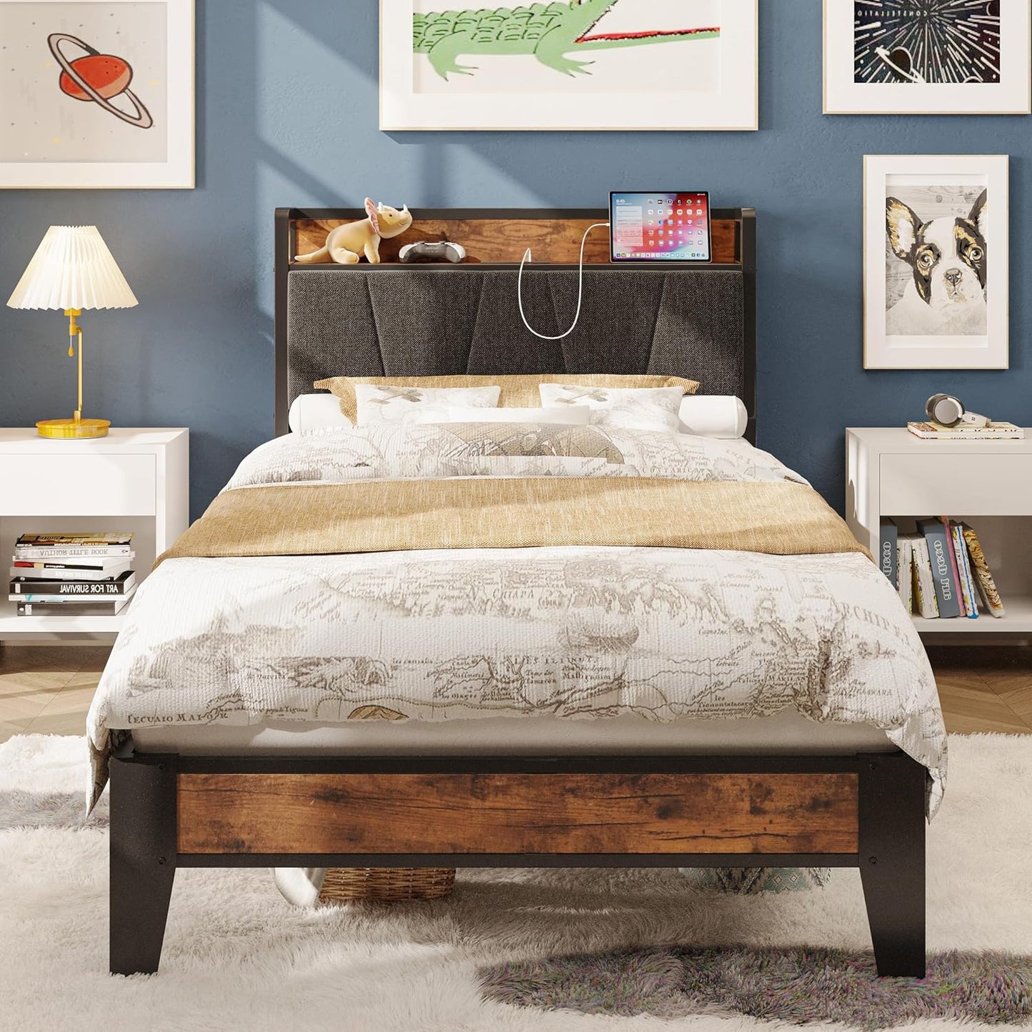 LIKIMIO California King Bed Frames, Storage Headboard with Charging Station, Solid and Stable, Noise Free, No Box Spring Needed, Easy Assembly