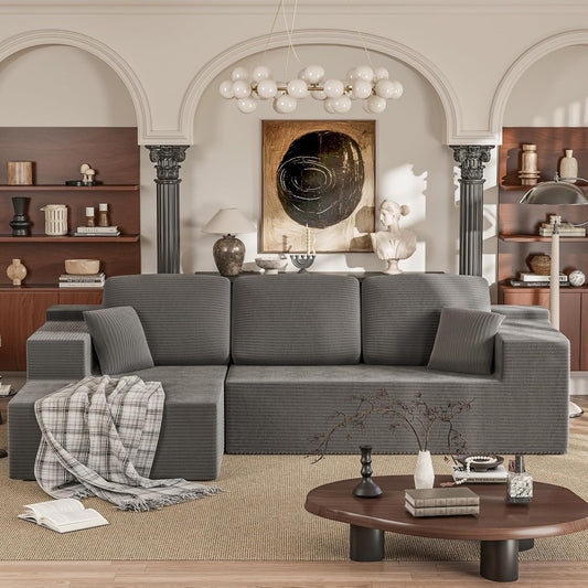 VICTONE 108" Boneless Couch, Modular Sectional Sofa with Ultra-Plush Deep Seat, L-Shaped Cloud Couch with Chaise, Upholstered Lounge Sofa for Living Room, Apartment (Corduroy, Grey)