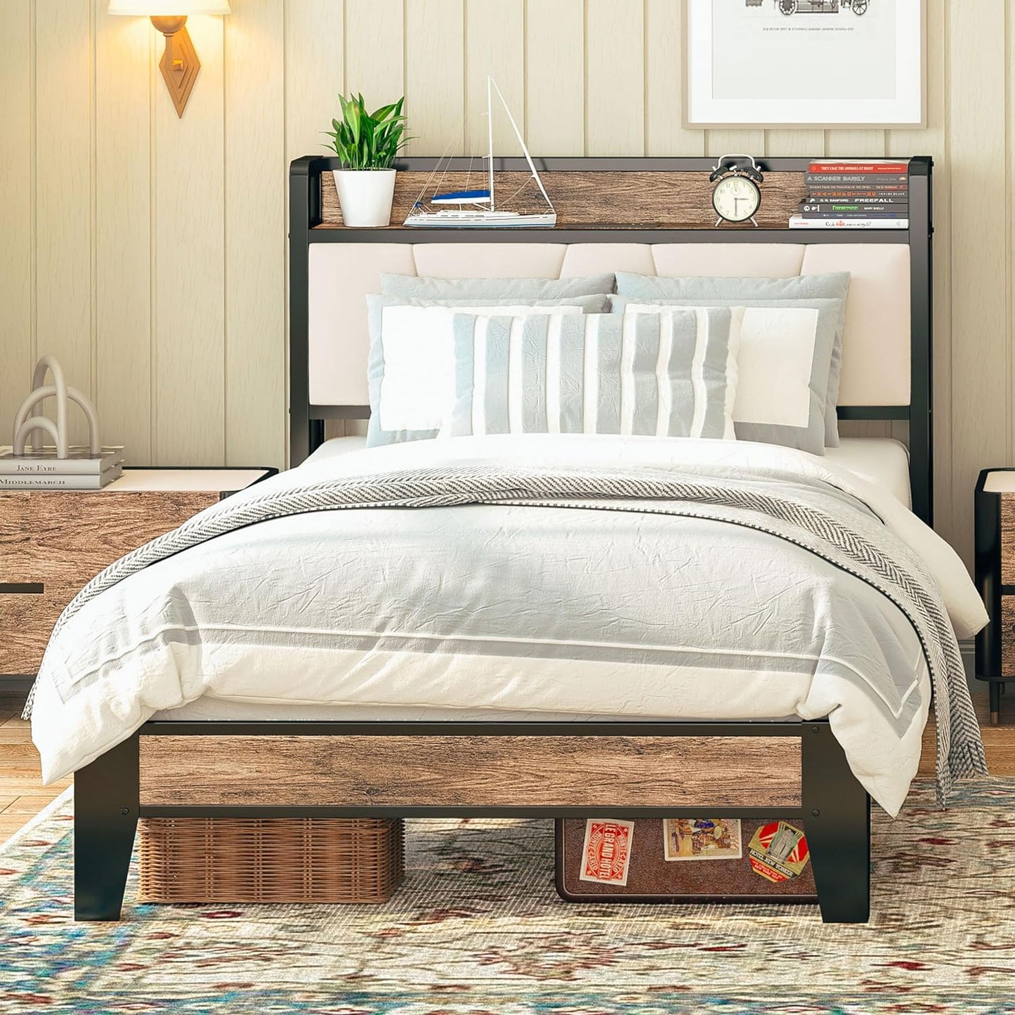 LIKIMIO California King Bed Frames, Storage Headboard with Charging Station, Solid and Stable, Noise Free, No Box Spring Needed, Easy Assembly
