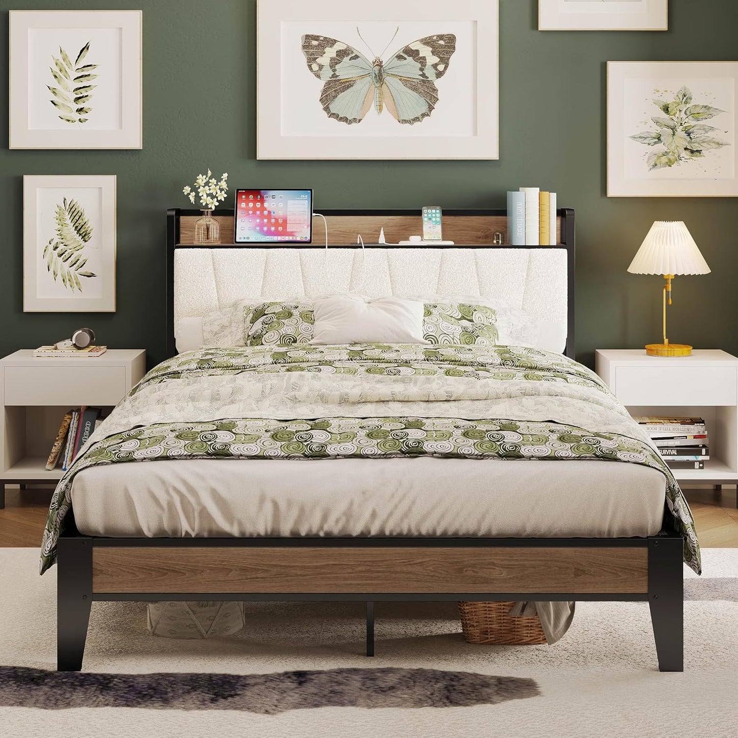LIKIMIO California King Bed Frames, Storage Headboard with Charging Station, Solid and Stable, Noise Free, No Box Spring Needed, Easy Assembly