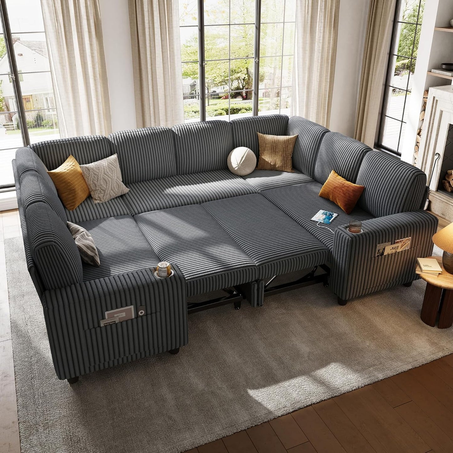 LINSY HOME Sectional Sleeper Sofa with Pull Out Couch Bed Convertible Plush Corduroy Cloud Couch with Storage Chaise & USB Charging, Comfy L Shaped Modular Couches for Living Room Apartment (Grey)