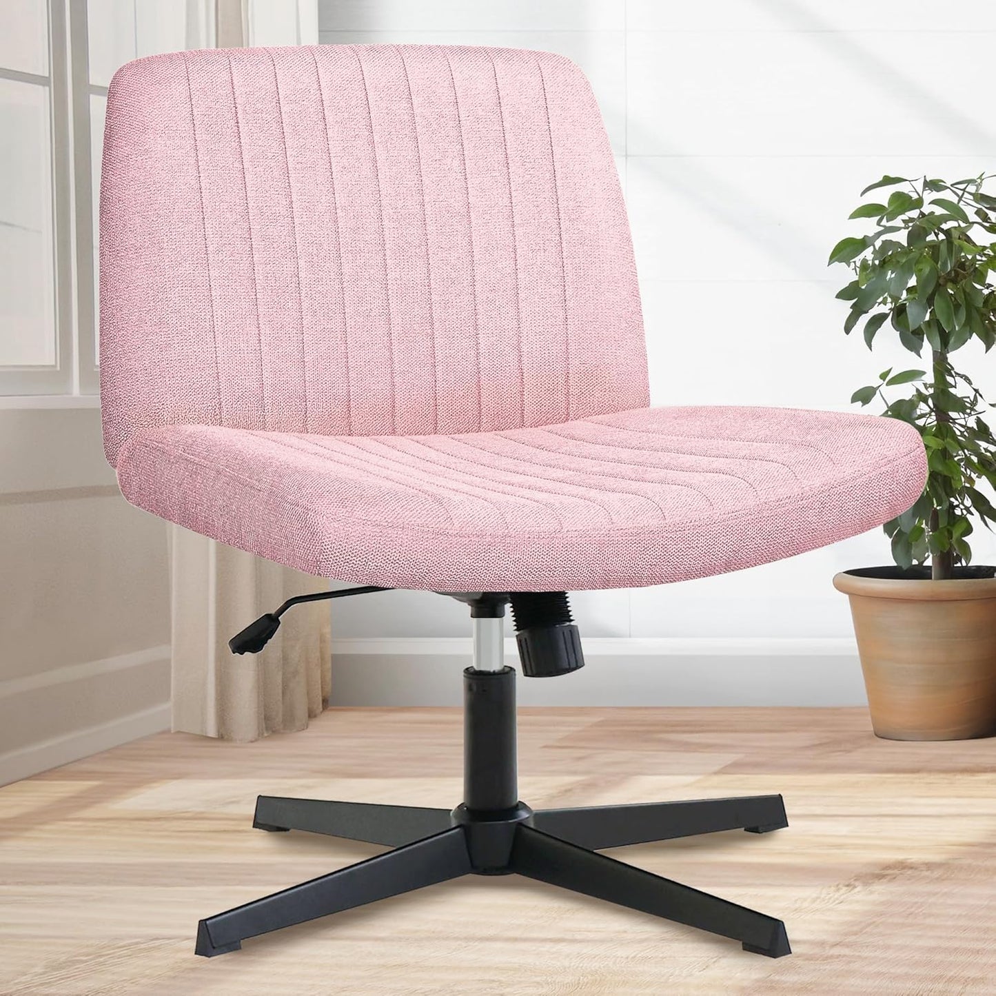 Orange Factory Criss Cross Chair Wheels Wide Cross Legged Office Desk Vanity Chair Comfy Fabric Armless Adjustable Swivel for Home Computer Task (Beige)