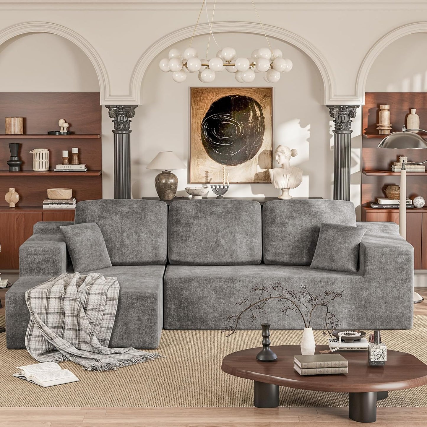 VICTONE 108" Boneless Couch, Modular Sectional Sofa with Ultra-Plush Deep Seat, L-Shaped Cloud Couch with Chaise, Upholstered Lounge Sofa for Living Room, Apartment (Corduroy, Grey)