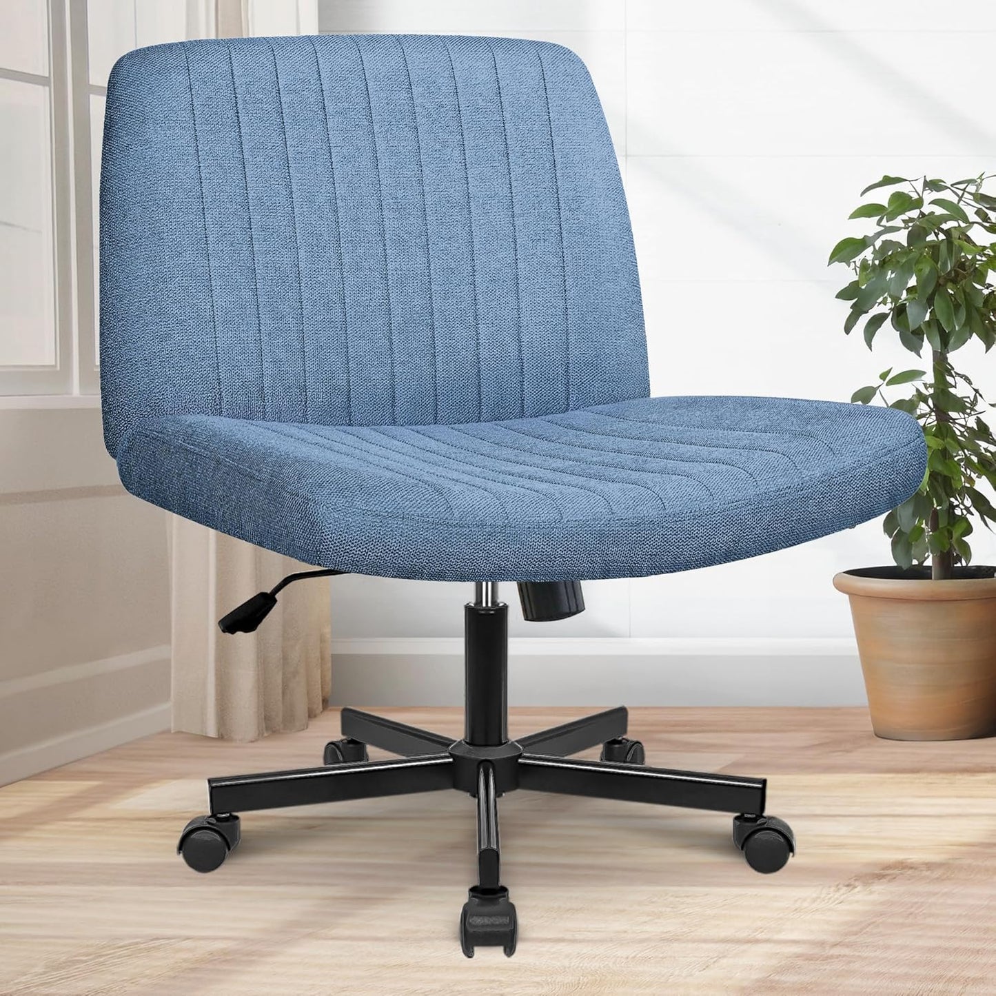 Orange Factory Criss Cross Chair Wheels Wide Cross Legged Office Desk Vanity Chair Comfy Fabric Armless Adjustable Swivel for Home Computer Task (Beige)
