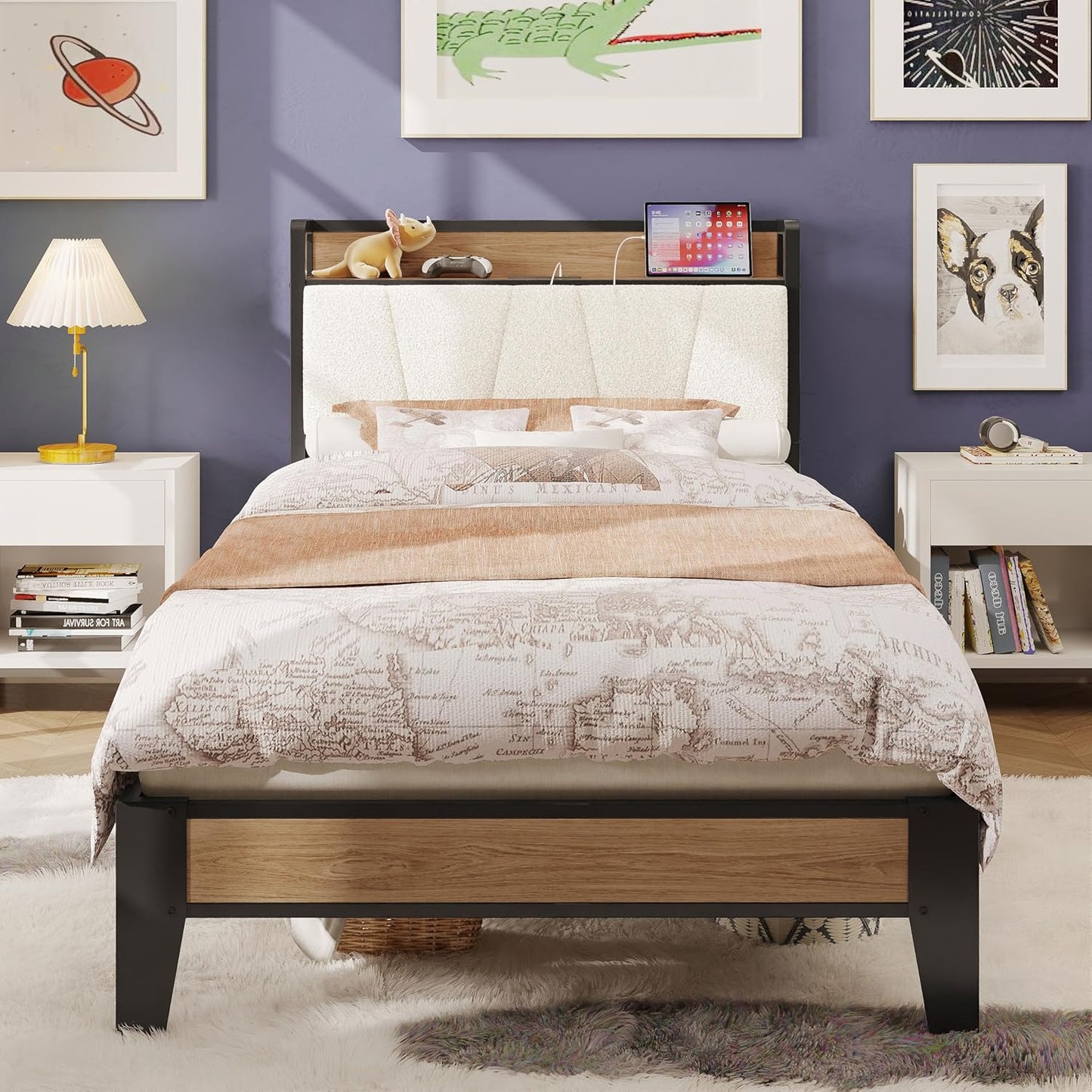 LIKIMIO California King Bed Frames, Storage Headboard with Charging Station, Solid and Stable, Noise Free, No Box Spring Needed, Easy Assembly