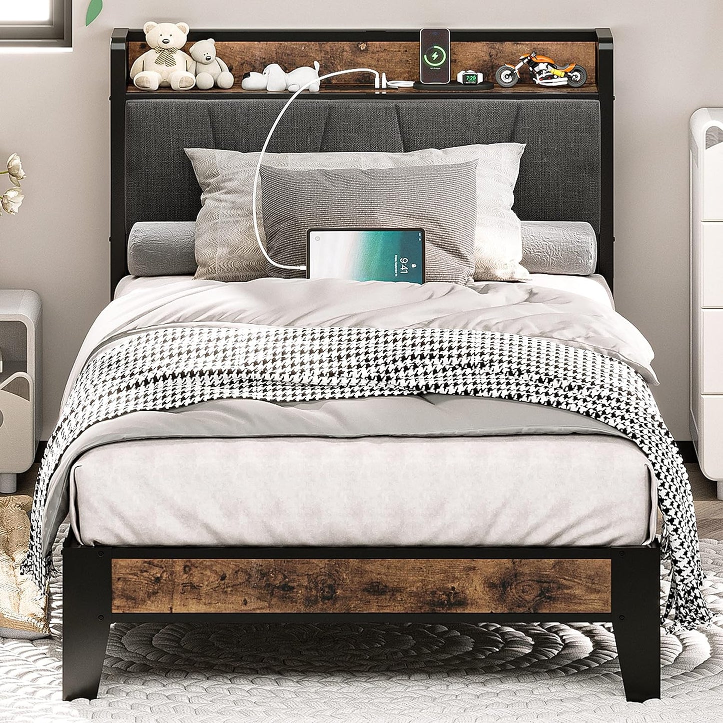 LIKIMIO California King Bed Frames, Storage Headboard with Charging Station, Solid and Stable, Noise Free, No Box Spring Needed, Easy Assembly