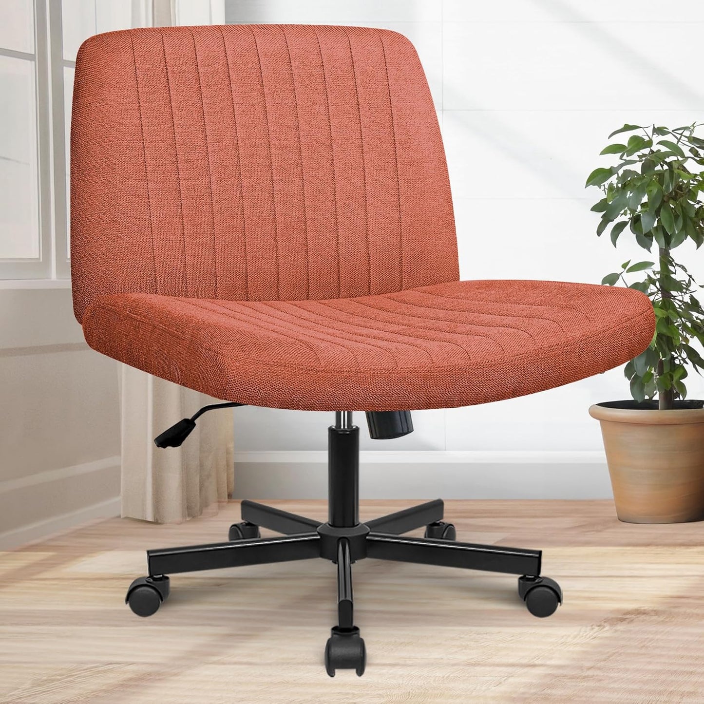Orange Factory Criss Cross Chair Wheels Wide Cross Legged Office Desk Vanity Chair Comfy Fabric Armless Adjustable Swivel for Home Computer Task (Beige)